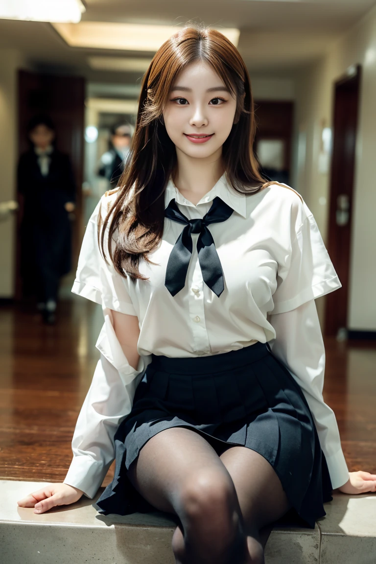 (8K), (highest quality: 1.2), (realistic), (realistic: 1.37), ultra high resolution, (1 girl), cute, smile, closed mouth, beautiful details, beautiful nose, wet hair, giant dulcefo, pork, thighs，self snap,University Student Uniform,simple blazer,pleated skirt,(The pattern of the skirt and tie is a tartan check pattern...:1.3),(sitting:1), sit on the ground,(hugging own legs:1),opaque tights,from the front
