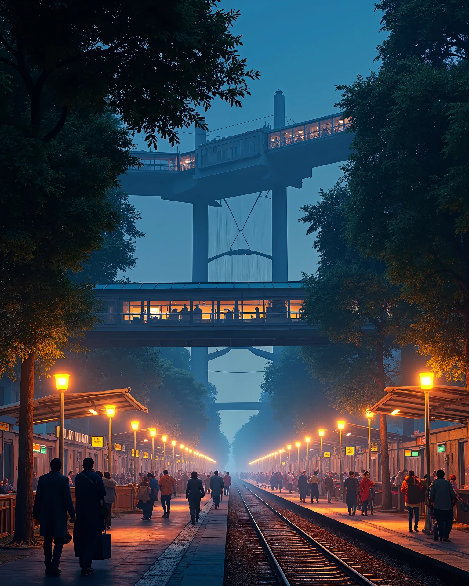 Dadar railway station, skywalk in background, long deep large trees in background, pole light platform, platform no 1, Mumbai local platform , night platform, dadar local train in background