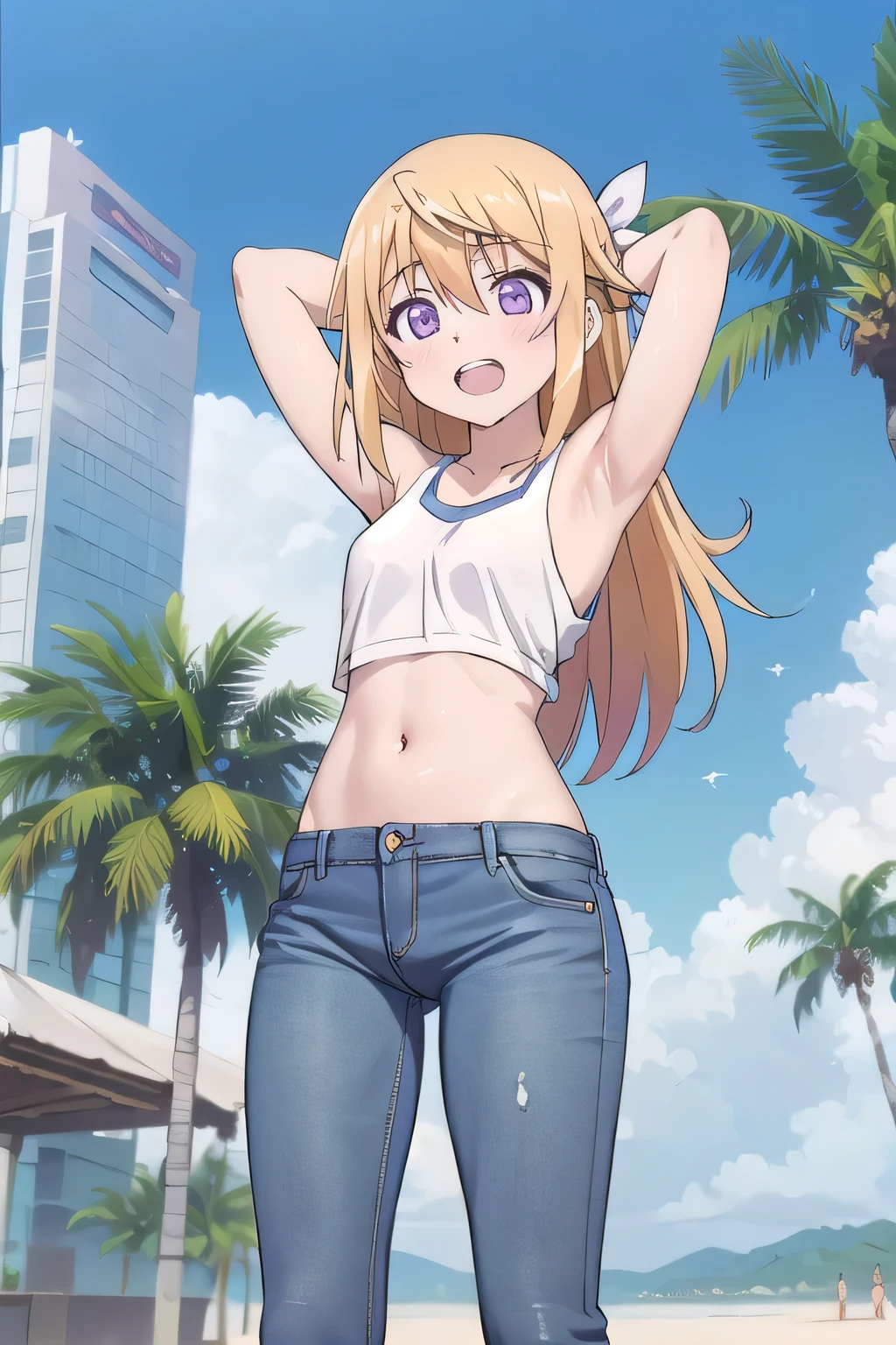 masterpiece,best quality,ultra detail, ((Perfect Face, Perfect Arms, Perfect hands, Perfect Fingers)), 1girl, , peti ((round face, ecstasy, orgasm face, drooping eyes, shame smiling, blush)), dropping eyes, sleepy, Open mouth, ((White teeth)), background((under the beach, (day:1.2), palm tree, bright sky)), charlotte dunois, long hair, blonde hair, ribbon, hair ribbon, (purple eyes:1.1), ((arms behind head, hands behind head, fingers behind head)), ((contrapposto)), spread armpits, looking at viewer,, (white tank top:1.2), (white crop top:1.2), (jeans pants:1.2, flares jeans:1.2, skinny jeans:1.2, blue jeans:1.2), standing, (legs spread:1.4), sex pose, Sweaty crotch, Steam from the crotch, from below, full medium body