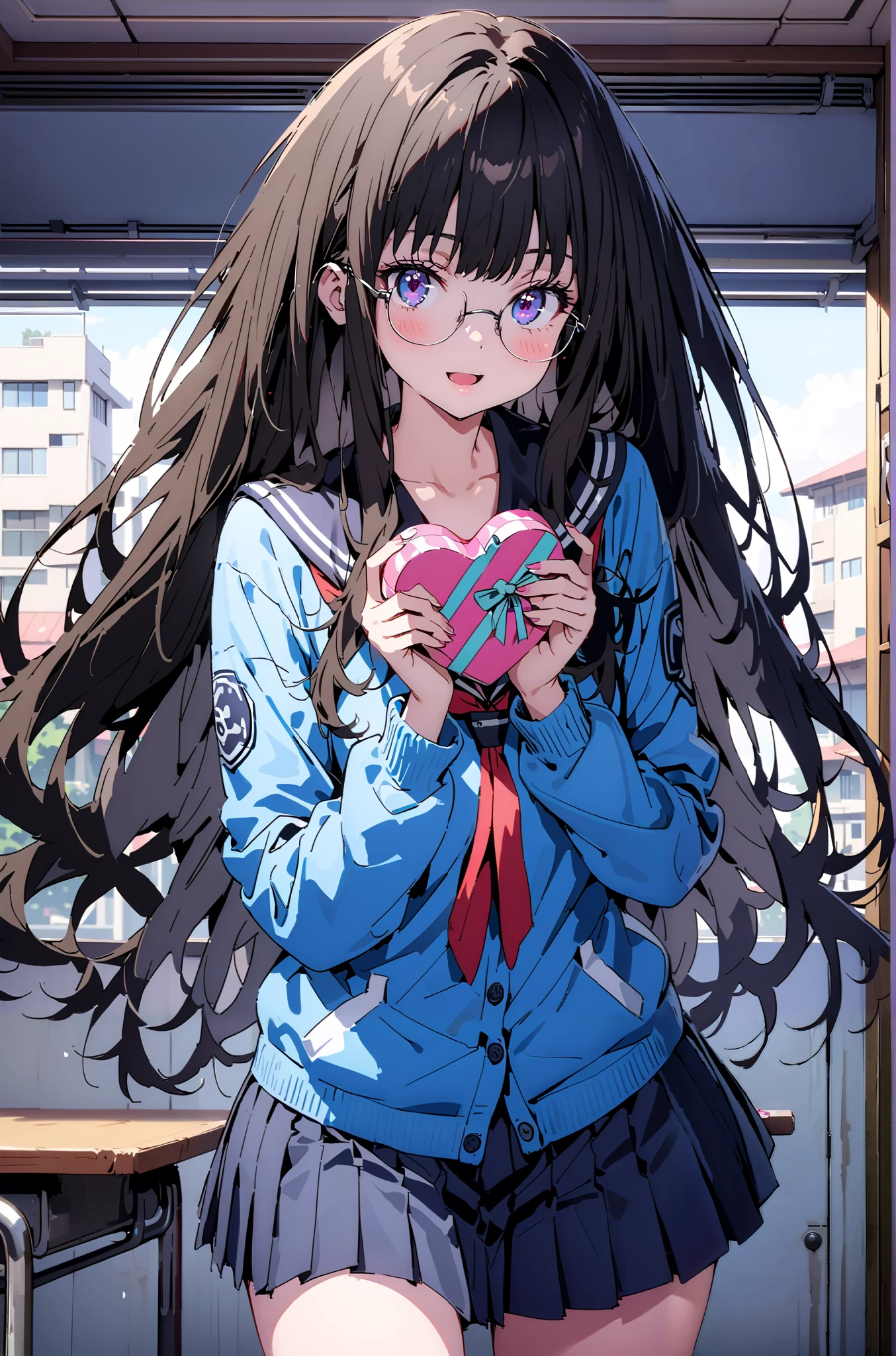 Takiuchikami, check it out, Alone, long hair, bangs, black hair, purple eyes ,smile,blush, open your mouth, black sailor suit that grabs the thigh,Glasses,blue cardigan, Long Sleeve, black mini pleated skirt ,A heart-shaped box, is standing,noon, whole bodyがイラストに入るように,
break indoors, classroom,
break looking at viewer,whole body,( cowboy shot 1 :5),
break ( Masterpiece:1.2), top quality , kampala, Unity 8k Wallpaper,(shape:0.8),( fine, beautiful eyes :1.6),It's a person ,whole body写真,CG Details , ( perfect hands, Complete Anatomy),),