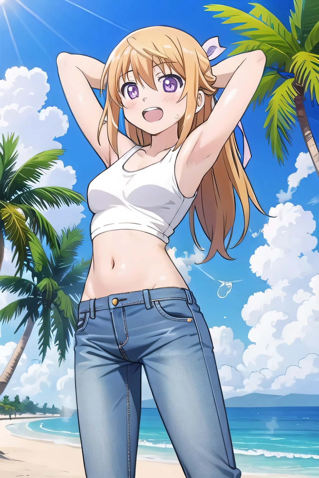 masterpiece,best quality,ultra detail, ((Perfect Face, Perfect Arms, Perfect hands, Perfect Fingers)), 1girl, , peti ((round face, ecstasy, orgasm face, drooping eyes, shame smiling, blush)), dropping eyes, sleepy, Open mouth, ((White teeth)), background((under the beach, (day:1.2), palm tree, bright sky)), charlotte dunois, long hair, blonde hair, ribbon, hair ribbon, (purple eyes:1.1), ((arms behind head, hands behind head, fingers behind head)), ((contrapposto)), spread armpits, looking at viewer,, (white tank top:1.2), (white crop top:1.2), (jeans pants:1.2, flares jeans:1.2, skinny jeans:1.2, blue jeans:1.2), standing, (legs spread:1.4), sex pose, Sweaty crotch, Steam from the crotch, from below, full medium body