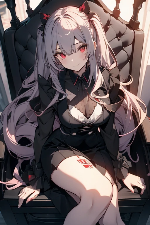((1 female, 19, silver hair, dark red eyes, vampire, innocent look, blushing, in a classroom, , long black nails, fishnets, black heels, pale skin))