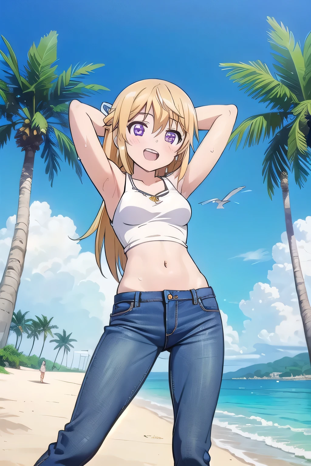 masterpiece,best quality,ultra detail, ((Perfect Face, Perfect Arms, Perfect hands, Perfect Fingers)), 1girl, , peti ((round face, ecstasy, orgasm face, drooping eyes, shame smiling, blush)), dropping eyes, sleepy, Open mouth, ((White teeth)), background((under the beach, (day:1.2), palm tree, bright sky)), charlotte dunois, long hair, blonde hair, ribbon, hair ribbon, (purple eyes:1.1), ((arms behind head, hands behind head, fingers behind head)), ((contrapposto)), spread armpits, looking at viewer,, (white tank top:1.2), (white crop top:1.2), (jeans pants:1.2, flares jeans:1.2, skinny jeans:1.2, blue jeans:1.2), standing, (legs spread:1.4), sex pose, Sweaty crotch, Steam from the crotch, from below, full medium body