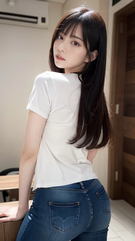 Japan Girl,beautiful girlfriend,a beauty,Raw foto,8K,morning sun lighting,Gray T-shirt and jeans miniskirt,Smooth long hair,A dark-haired,A detailed face,Detailed skin,Detailed eyes,(Slim body:1.3), girl in,About 23 years old,