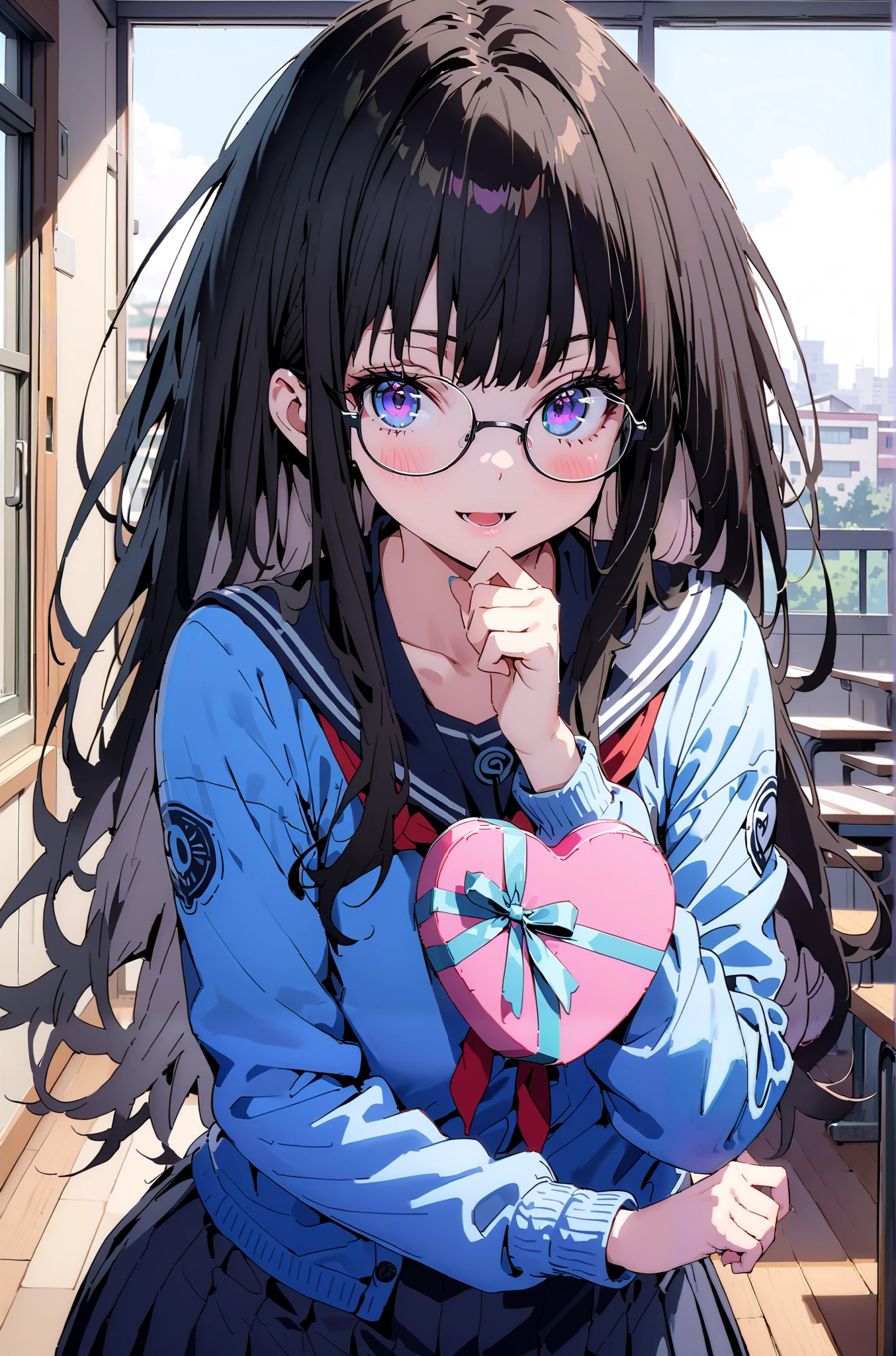 Takiuchikami, check it out, Alone, long hair, bangs, black hair, purple eyes ,smile,blush, open your mouth, black sailor suit that grabs the thigh,Glasses,blue cardigan, Long Sleeve, black mini pleated skirt ,A heart-shaped box, is standing,noon, whole bodyがイラストに入るように,
break indoors, classroom,
break looking at viewer,whole body,( cowboy shot 1 :5),
break ( Masterpiece:1.2), top quality , kampala, Unity 8k Wallpaper,(shape:0.8),( fine, beautiful eyes :1.6),It's a person ,whole body写真,CG Details , ( perfect hands, Complete Anatomy),),