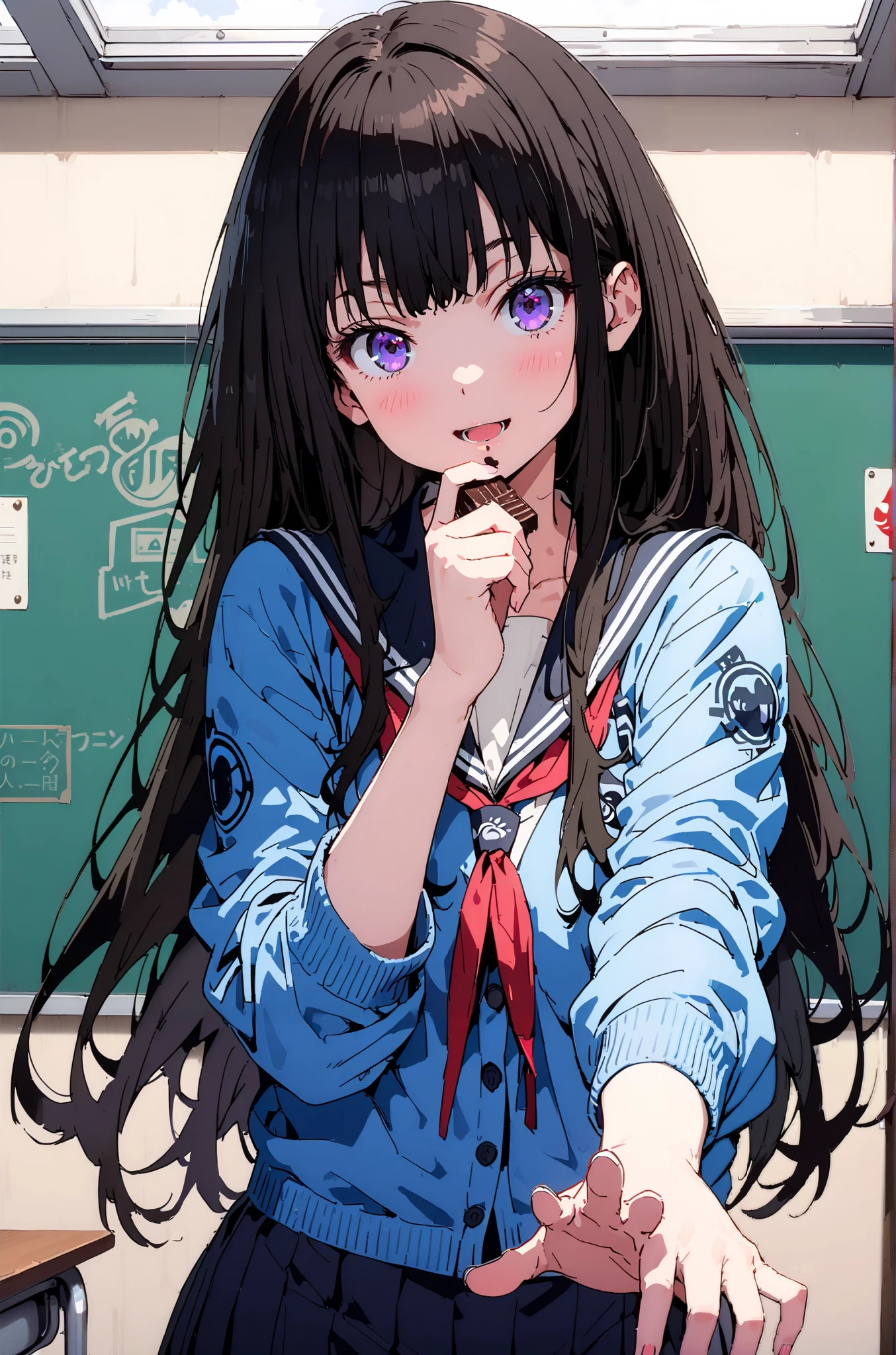 Takiuchikami, check it out, Alone, long hair, bangs, black hair, purple eyes ,smile,blush, open your mouth,Glasses, black sailor suit that grabs the thigh,blue cardigan, Long Sleeve, black mini pleated skirt ,incoming Food, chocolate, holding, holding chocolate, holding Food, Food, is standing,whole bodyがイラストに入るように,
break indoors, classroom,
break looking at viewer,whole body,( cowboy shot 1 :5),
break ( Masterpiece:1.2), top quality , kampala, Unity 8k Wallpaper,(shape:0.8),( fine, beautiful eyes :1.6),It's a person ,whole body写真,CG Details , ( perfect hands, Complete Anatomy),),