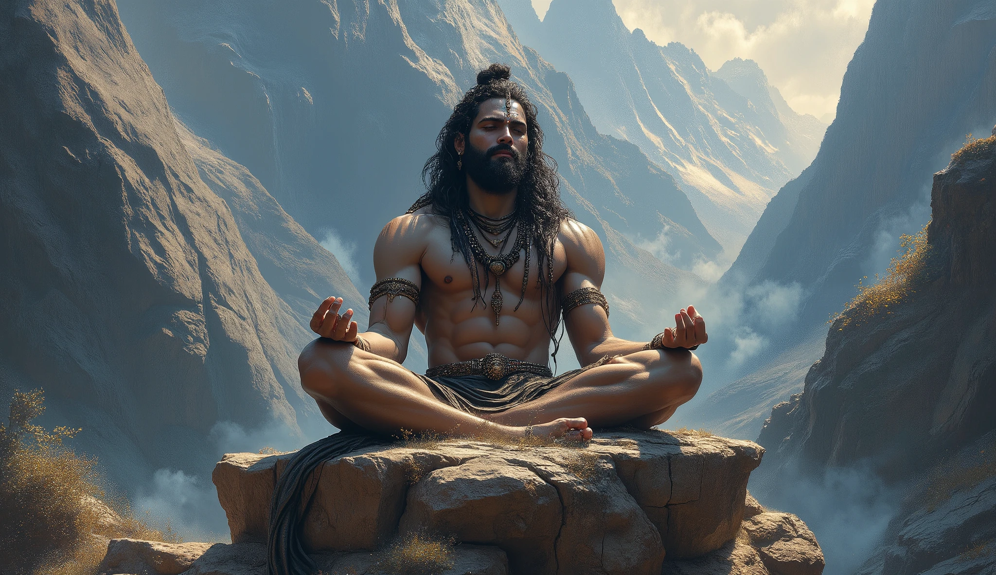 (professional 3d render:1.3) af (Realistic:1.3) most beautiful artwork photo in the world,Features soft and shiny male heroes, ((Epic hero fantasy muscle man rough wet hero sitting doing yoga in the clear water river among the stone. Calmly and peaceful looking long hair short beard and ferocious expression in dynamic pose, Fantastic location, Majestic cluttered environment)), Full body 8K unified rendering, action shot, skin pore, very dark lighting, heavyshading, Detailed, Detailed face, (vibrant, photograph realistic, Realistic, Dramatic, Dark, Sharp focus, 8K), (Old leather garments damaged by weathering:1.4), ((((Wear fur)))), (Intricate:1.4), decadent, (Highly detailed:1.4), Digital painting, rendering by octane, art stations, concept-art, smooth, Sharp focus, illustration, Art germ, (loish:0.23), wlop ilya kuvshinov, and greg rutkowski and alphonse mucha gracias, (Global illumination, Studio light, volumettic light), heavy rain, and big white lion sitting on his side and drink water particles floating, lotr, fantasy, elf, full bodyesbian, (green and beautiful landscape