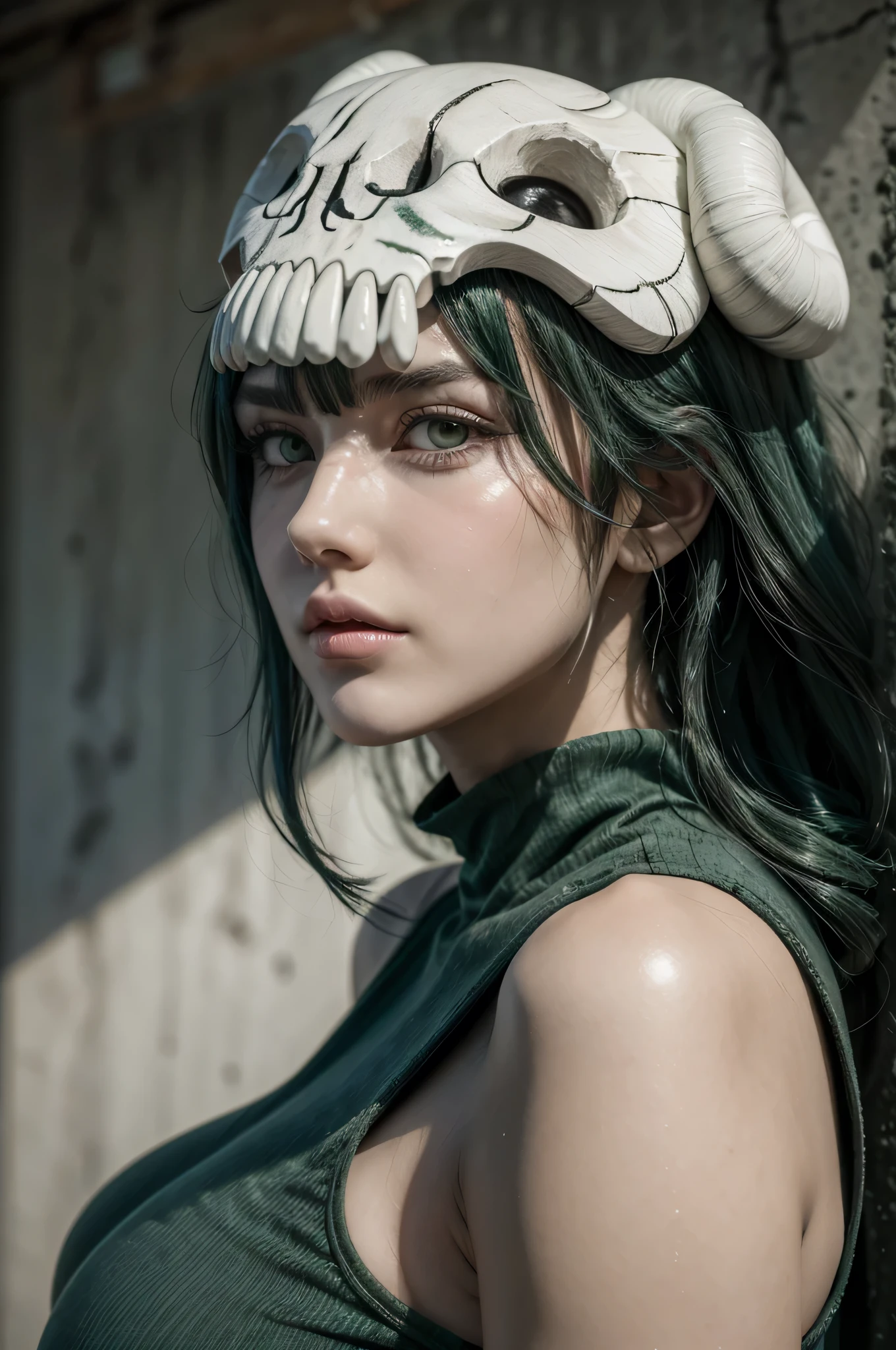 Nelliel from bleach, realistic, age 25, extreme pure white skin, skull on head, light green long hair, torn green shirt, perfect face, perfect shape body, huge breasts, 3d, 8k hdr