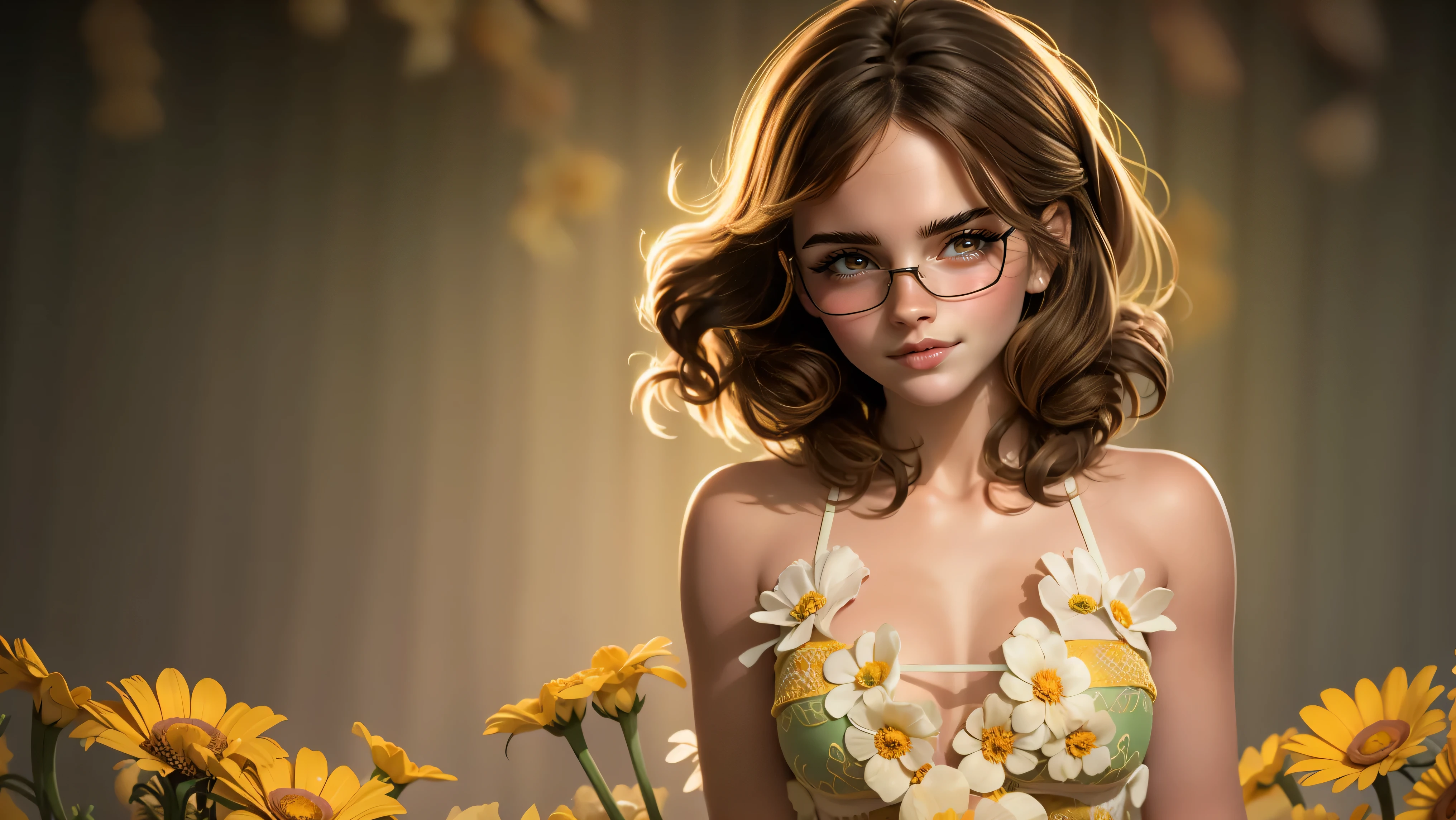1girl, solo, (cute girl, young girl), (yo), ((beautiful face)), glasses, ((green eyes)), standing upright in a field of flowers, upper body, slim waist, ((perky breast, cleavage, hard nipples)), ((sexy pose, naughty face)), bangs, dark hair, messy hair, cleavage, navel, off shoulder, seductive smile, wear yellow sexy underwear, field of flowers background,