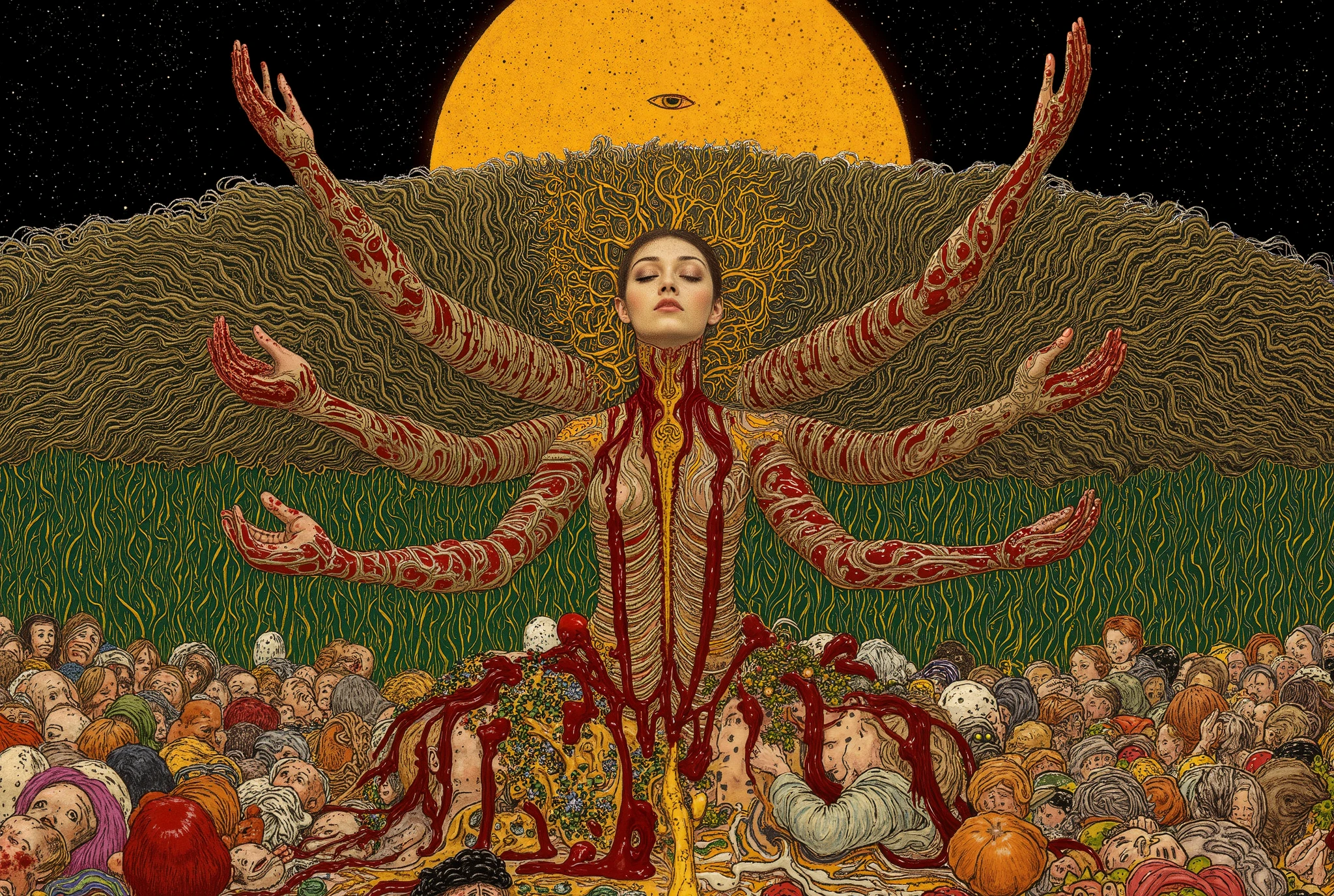 wide shot,many people,1 big woman,praying hands,body horror, portrait ,close up,third eye,biomachine,(bloody),shining sun, living being,plants, (vivid color),(colorful),(tangled:1.2),(wearing body suit:1.2), H.R Giger style, wingry 6 arms,Gustav Klimt  Style,Kentarō Miura Style,
Granulated,blood vessels,red liquid,green,red,gold,ritual,Abundance,starry sky,
16k,detailed image,　　　by gustavklimt,creature,biomechanical style,b3rs3rk