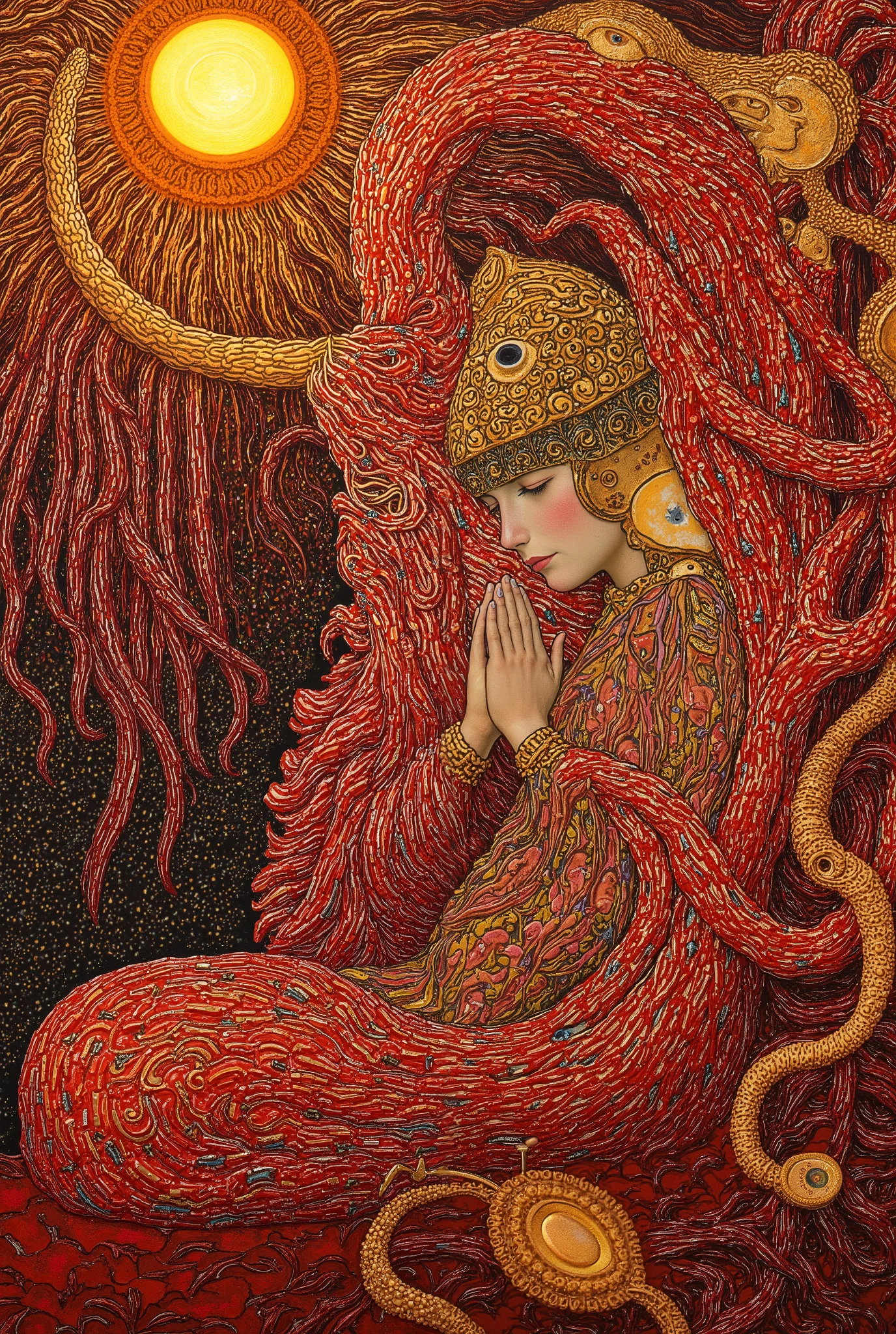 from side,1 girl,((beautiful goddess,motherly)),((sitting,praying hands:1.5)),body horror, portrait ,close up,third eye,biomachine,(bloody),shining sun, living being, (vivid color),(colorful),(tangled:1.2),(wearing body suit:1.2), H.R Giger style, wingry 6 arms,Gustav Klimt Style,Kentarō Miura Style,
Granulated,blood vessels,red liquid,red,gold,ritual,Abundance,
16k,detailed image, by gustavklimt,creature,biomechanical style,b3rs3rk