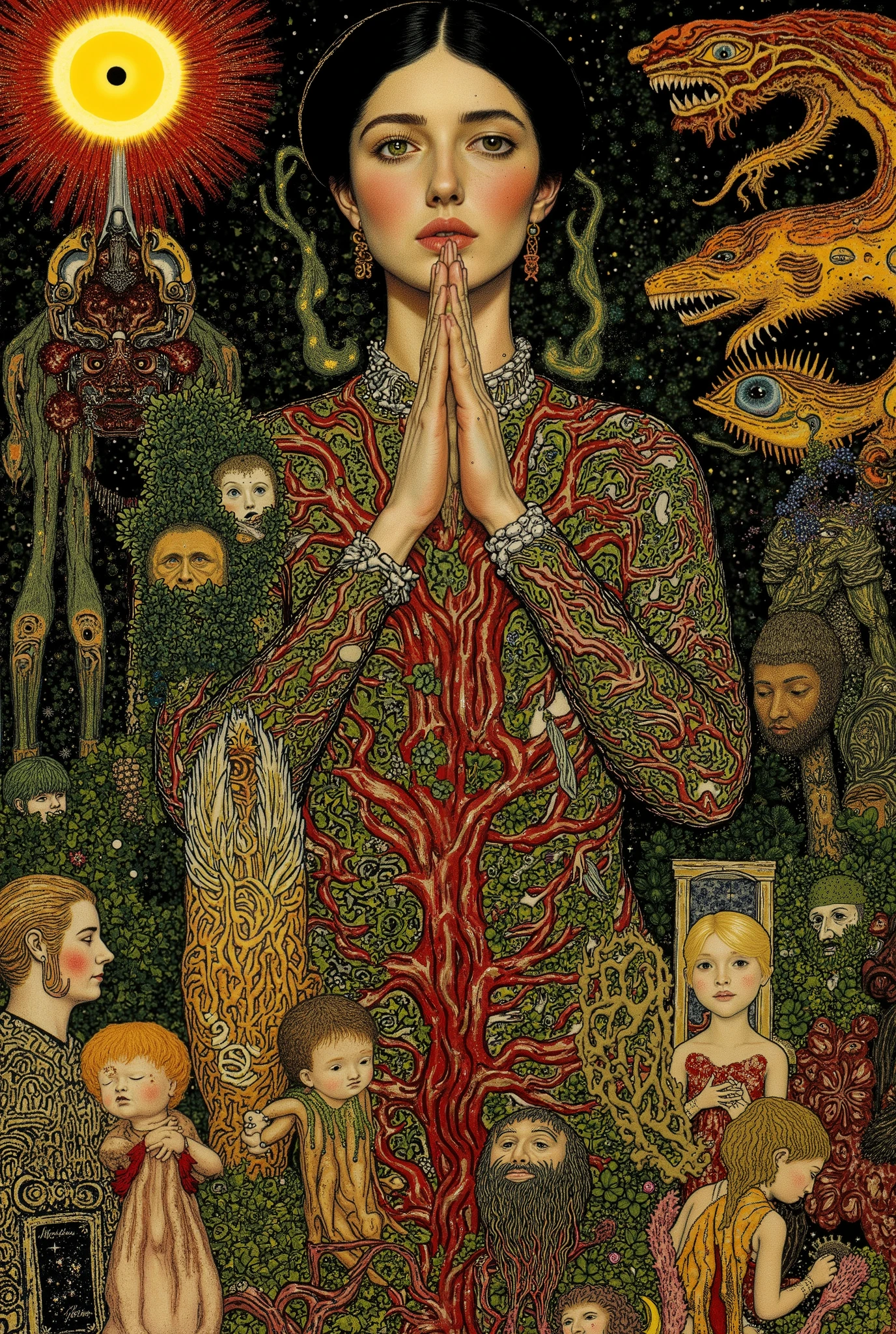 wide shot,many people,1 big woman,praying hands,body horror, portrait ,close up,third eye,biomachine,(bloody),shining sun, living being,plants, (vivid color),(colorful),(tangled:1.2),(wearing body suit:1.2), H.R Giger style, wingry 6 arms,Gustav Klimt Style,Kentarō Miura Style,
Granulated,blood vessels,red liquid,green,red,gold,ritual,Abundance,starry sky,
16k,detailed image, by gustavklimt,creature,biomechanical style,b3rs3rk
