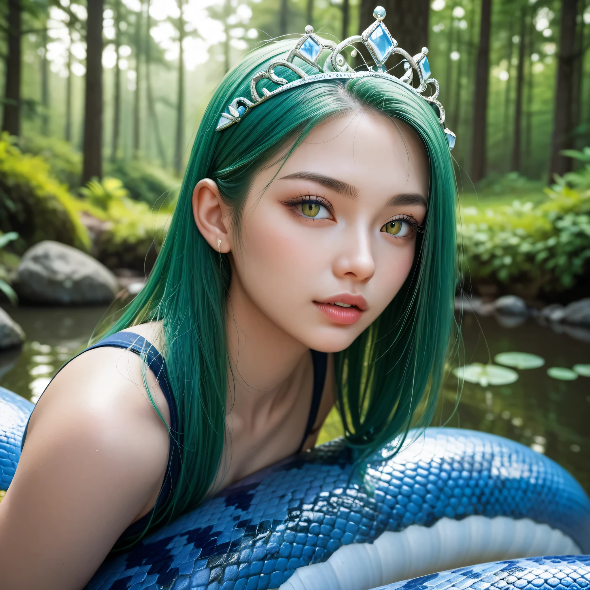 (( top quality:1.5))、 natural light、((Lamia))、(( pretty woman with upper body human、 blue snake torso with lower body ))、 long yellow-green hair 、Ocean tiara 、silver cane、(( emerging from inside a forest lake ))