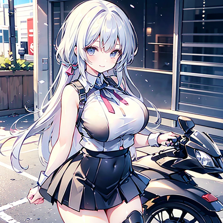 8K Ultra High-Quality, ultra-detailed, High quality, Nakiri Ayame, white oni horns, black shades, leather jacket, jeep