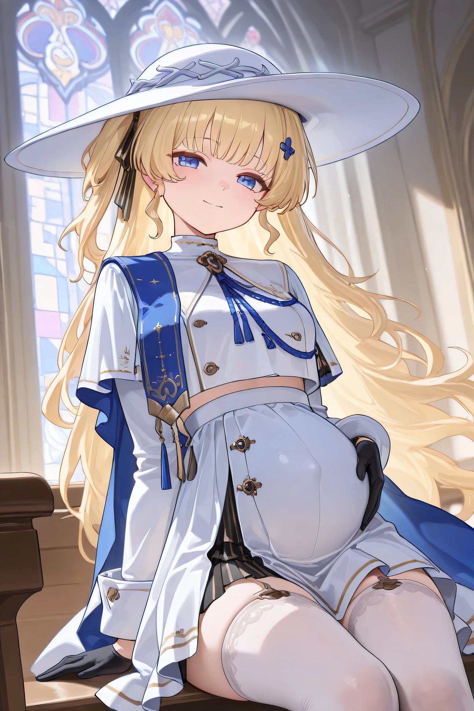 (Best quality, 4k, 8k, high resolution, masterpiece:1.2), ultra detailed, intricate details, SOLO, beautiful girl, alone, long wavy blonde hair, bangs, blue eyes, small-medium breasts, perfect smooth skin, looking at viewer, slight smile, head tilted, loose white crop top, a short white wavy skirt, black gloves, white waist-high stockings, She has a white hat adorned with a crown-like accessory in a bluish-purple hue, and a side hair ribbon that is white with gold stripes, Sitting gracefully on a wooden church pew inside a grand white church with blue and gold accents, tall stained glass windows, intricate golden chandeliers, ethereal lighting filtering through the windows, blue cash that connect to blue cape, (Pregnant:0.8), (Hide Pregnant:1.0)
