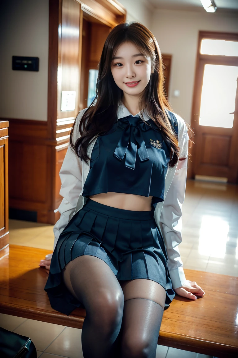 (((masterpiece))),(((high resolution)))、(((8K)))、(((perfect face)))、(((Korean CA)))、(((CA uniform)))、(((tights)))、(((skirt)))、big breasts、Plump、embarrassed expression、looking at the camera、NSFW