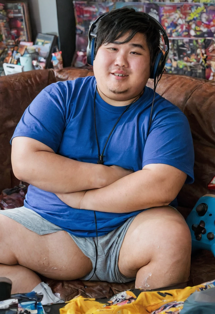There is a slightly chubby boy sitting in an esports chair,Boys are more sunny and handsome,The inscription on the picture is Zhang Enming