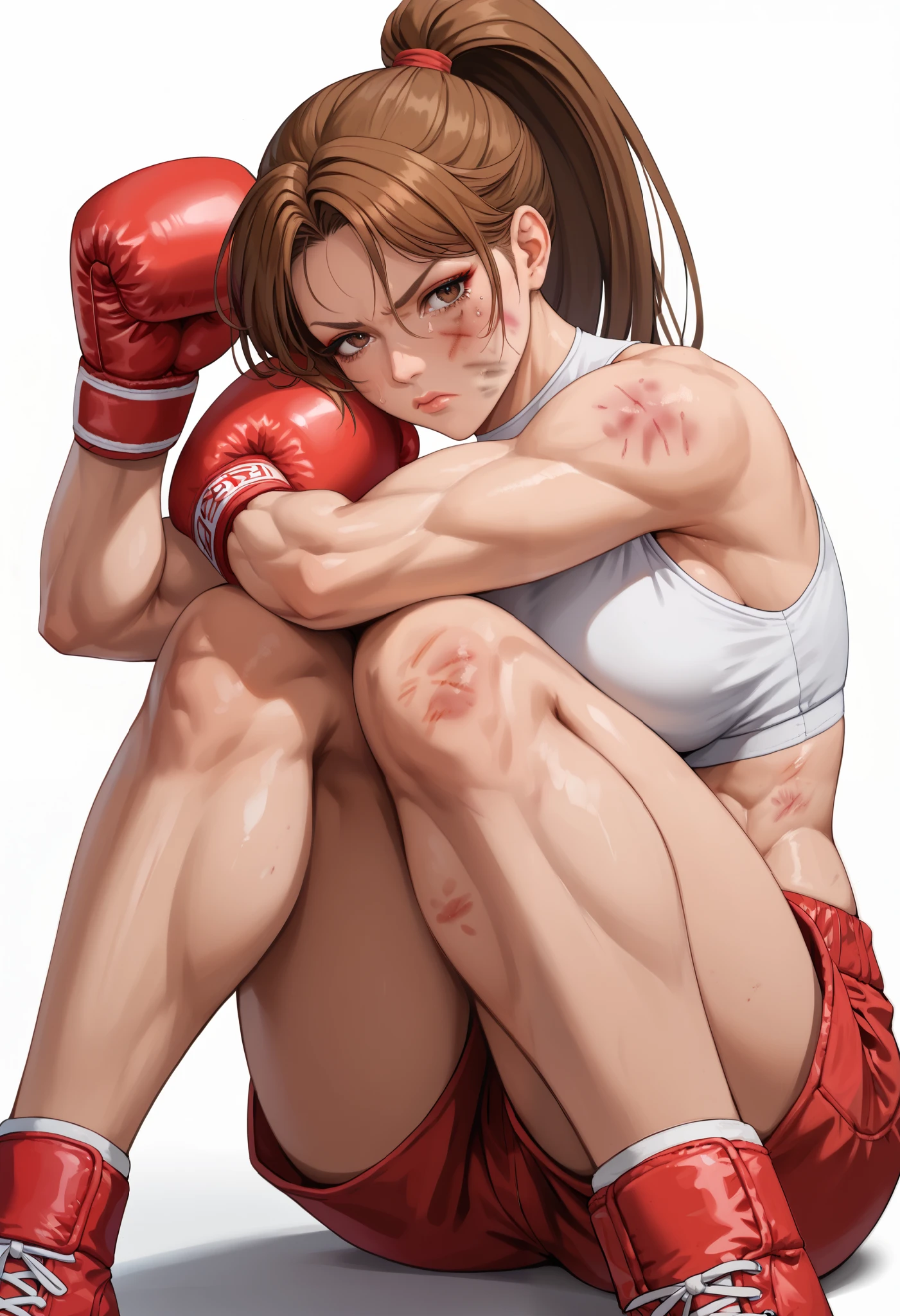 ((White background )) (Curve:1.1) rathing_questionable ,((1girl)) , (solo girl), (Long brown hair with a ponytail), makeup, (brown eyes:1.2), (blush:0.3), Age 30 years (Russian girl) ((White crop top:1.4)) ((Red boxing shorts:1.2)) ,tall, long sexy legs, ((thin:0.8)) , ((big breasts:0.2)) (strong), ((muscular:0.5) (Bruise on face:1.4) ((Sitting hugging my knees, very sad)) strong, muscle, Boxing pose (fight with punches:1.4)