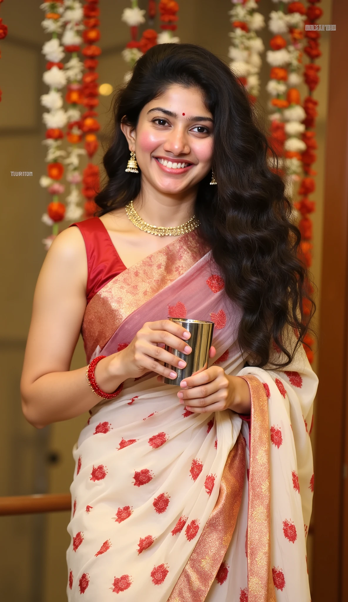 Create a realistic 8k image of a traditional Indian woman dressed in an elegant cream transparent saree with a rich red border showing deep navel. She is adorned with traditional gold jewelry, including a necklace with pendants and matching earrings, and has jasmine flowers in her neatly tied hair, Her wrists are decorated with red glass bangles, and she holds a silver tumbler with thick milk in her hands with a serene smile. The setting is a festive indoor environment with hanging flower garlands in the background, exuding a warm and celebratory atmosphere. The lighting is soft, highlighting her features and the intricate details of her attire." Full body photo portrait. red Bindi on forehead, looking at viewer. (realistic eyes, symmetric face:0.8) (masterpiece:1.2) (photorealistic:1.2) (best quality) (detailed skin) (intricate) (8k) (HDR) (cinematic lighting) (sharp focus), big breast, sparkling day dreams eyes.