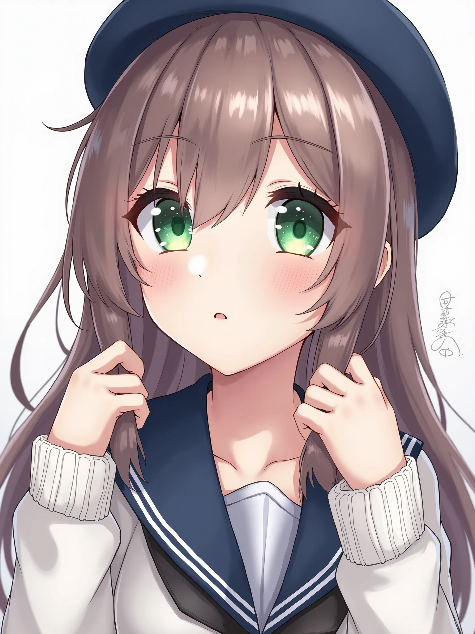 game cg hack,anime, Character Portrait,(8k, best quality, masterpiece:1.2),\(Eye details\),\(Facial features details\),(\( clothing details\)\),(1 girl),Alone,upper body,artist jima,shiny skin,MinoriDef, hanasato _Minori, medium hair,long hair,green eyes,shiny hair effect,(/deep blue Beret)/,( white knitted long sleeve sweater:1.2),( cuffs that cover wrists ),(school uniform_dark sailor suit )