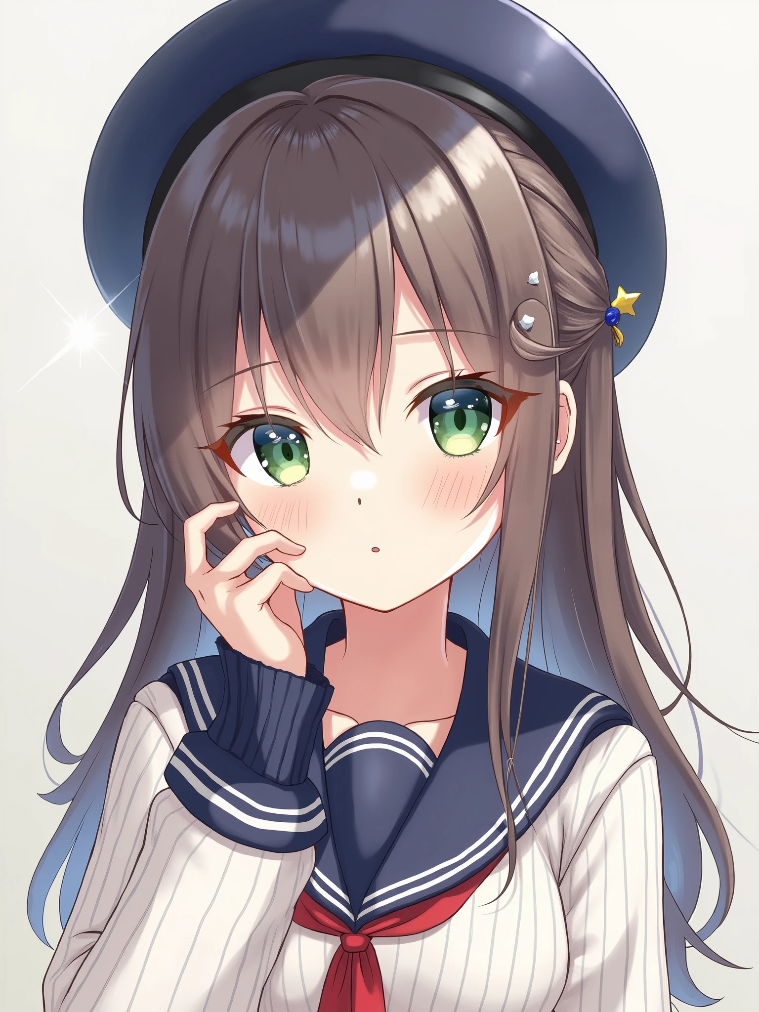 game cg hack,anime, Character Portrait,(8k, best quality, masterpiece:1.2),\(Eye details\),\(Facial features details\),(\( clothing details\)\),(1 girl),Alone,upper body,artist jima,shiny skin,MinoriDef, hanasato _Minori, medium hair,long hair,green eyes,shiny hair effect,(/deep blue Beret)/,( white knitted long sleeve sweater:1.2),( cuffs that cover wrists ),(school uniform_dark sailor suit )