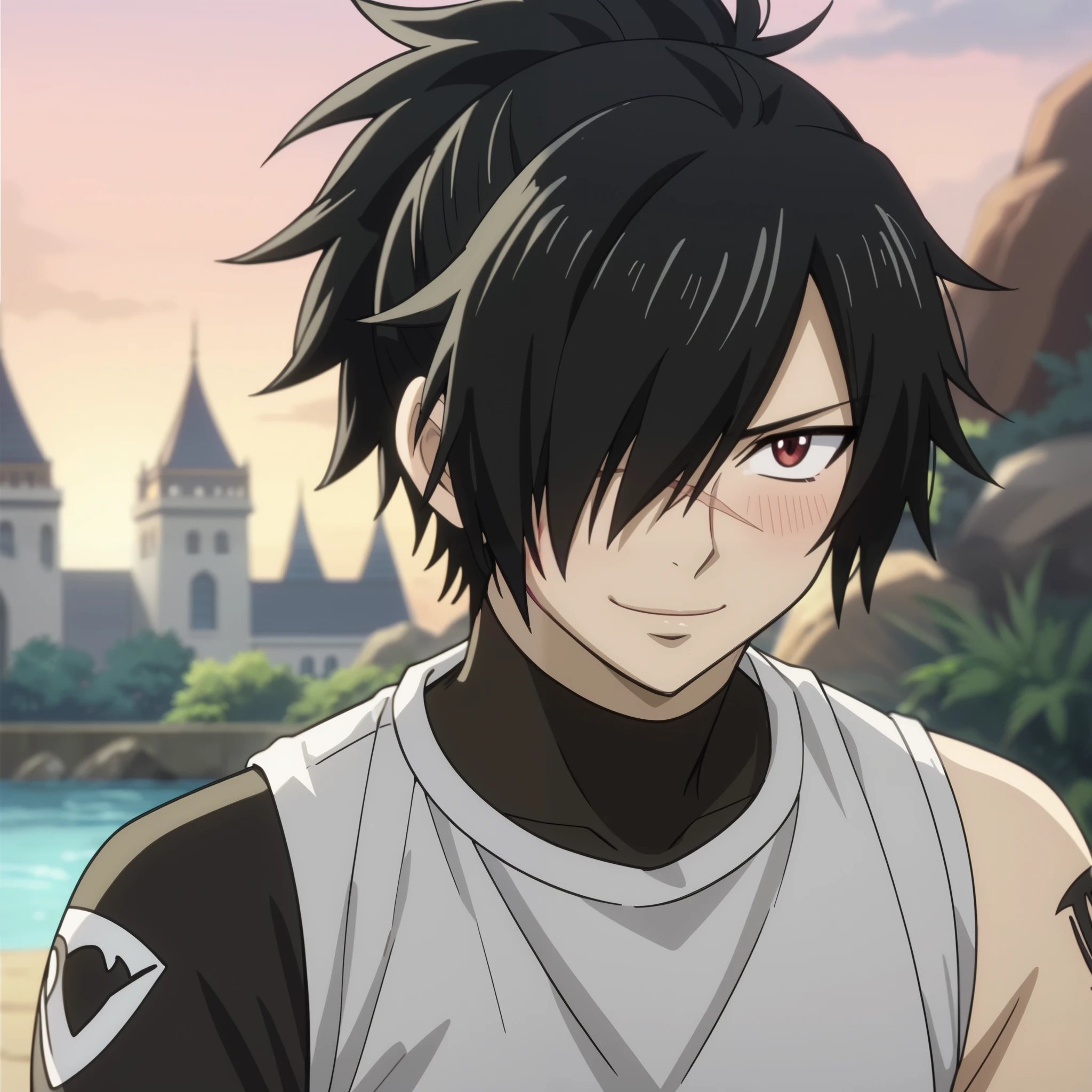 score_9, score_8_up, score_7_up, intricate details, anime screencap, depth of field, 1boy, solo, male focus, rogue_cheney, ponytail, black hair, red eyes,, hair over one eye, scar, ((black men's shorts, sleeveless t-shirt, closed mouth smile, blush)) in aquatic park, detailed face, front view, Frontal portrait, close-up, looking at viewer, sky background with soft shadows, soft blue lighting highlighting his features, high-quality anime details, vivid colors, official style