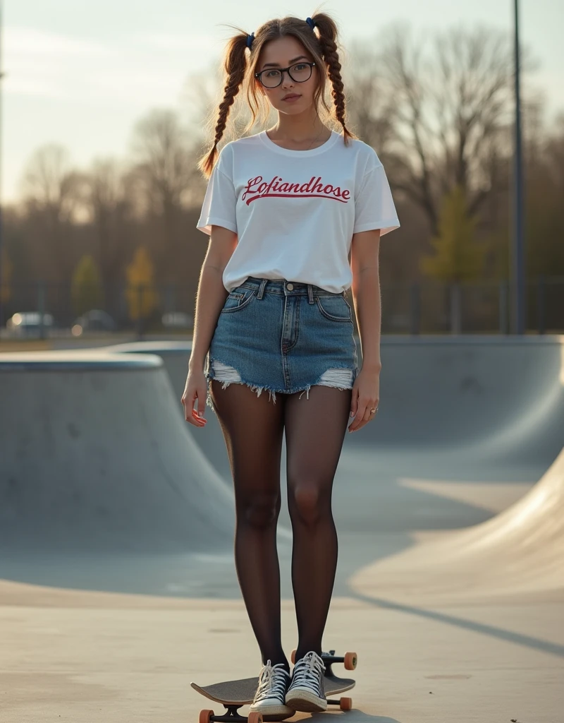 (Raw photo:1.2), (Photorealistic), Beautiful detailed girl, Very detailed eyes and face, Beautiful detailed eyes, Huge file size, High resolution, Very detailed, Best Quality, [masterpiece:1.6], Illustration, Very detailed, Fine detail, Best Quality, 32K Wallpaper, intricate details, in a skater park, beautiful young girl, short height, uneven cut messy hair, small perky breast, low cut teen underwear, short sleeve t-shirt, band branded, "converse" shoes, knee socks, full body photo, 