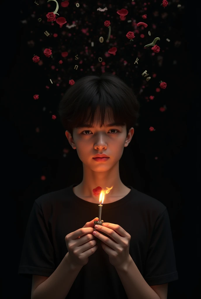 A young boy holding a rose flower in the gym after break up