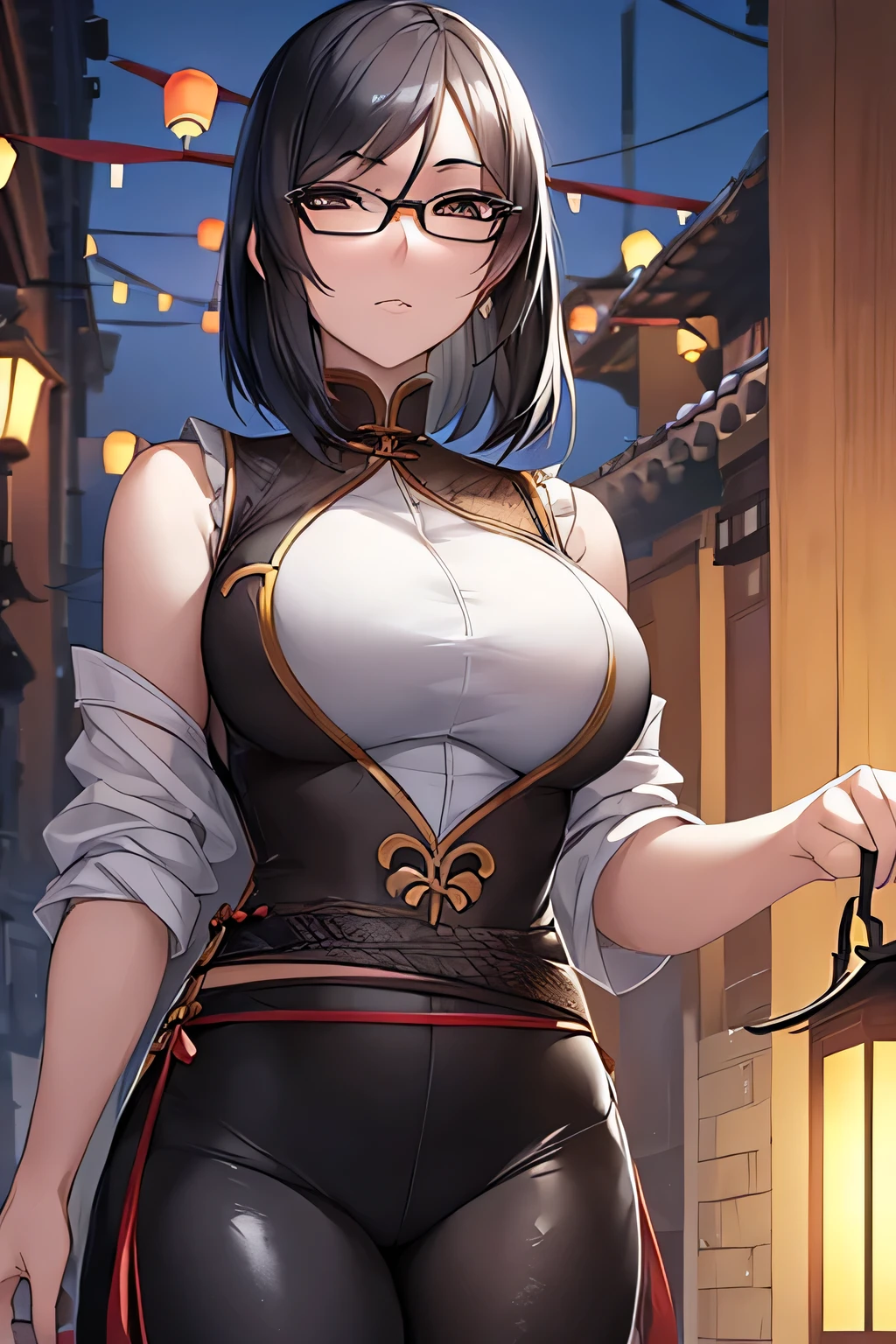 A highly detailed portrait of a tall, intelligent Chinese woman with shoulder-length straight black hair and gray eyes, wearing glasses. She is dressed in a (white blouse) and black pants, exuding an air of calm authority. Her expression is stern but caring, reflecting her dedication to the ren she teaches. The background features a vibrant yet lived-in Chinatown residential area with traditional lanterns and narrow streets. Ultra-realistic textures, cinematic lighting, 4K resolution, photorealistic rendering, artstation quality.