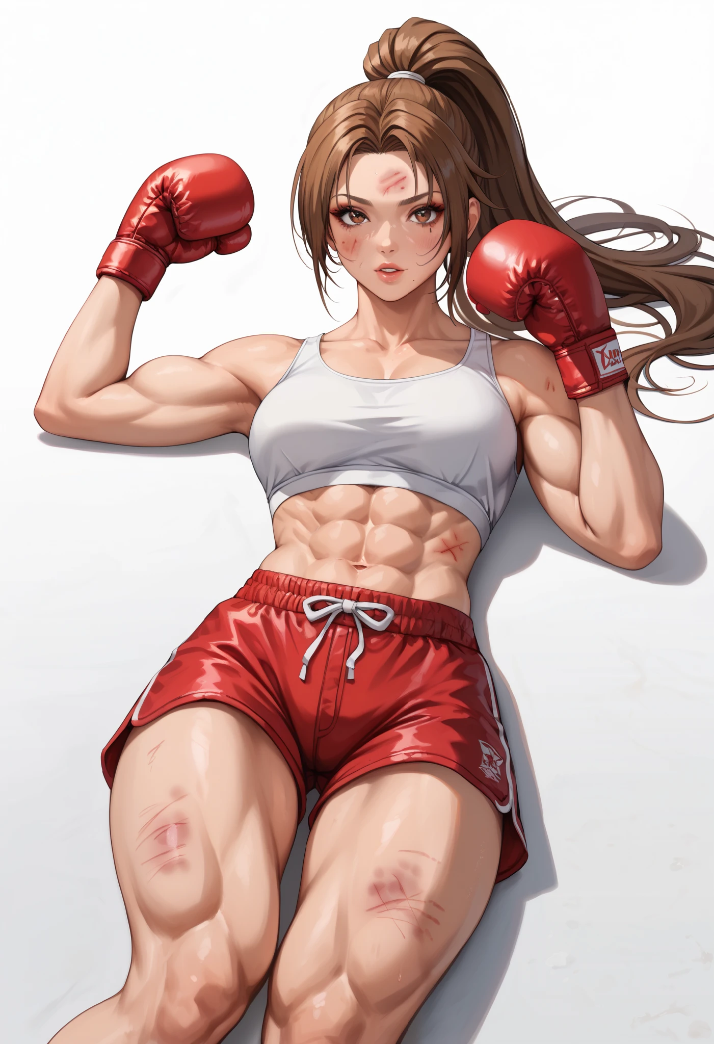 ((White background )) (Curve:1.1) rathing_questionable ,((1girl)) , (solo girl), (Long brown hair with a ponytail), makeup, (brown eyes:1.2), (blush:0.3), Age 30 years (Russian girl)  ((White crop top:1.4)) ((Red boxing shorts:1.2)) ,tall, long sexy legs, ((thin:0.8)) , ((big breasts:0.2)) (strong), ((muscular:0.5) (Bruise on face:1.4) ((Close your eyes.)) strong, muscle, Boxing pose (lying on the floors:1.4) (top view)