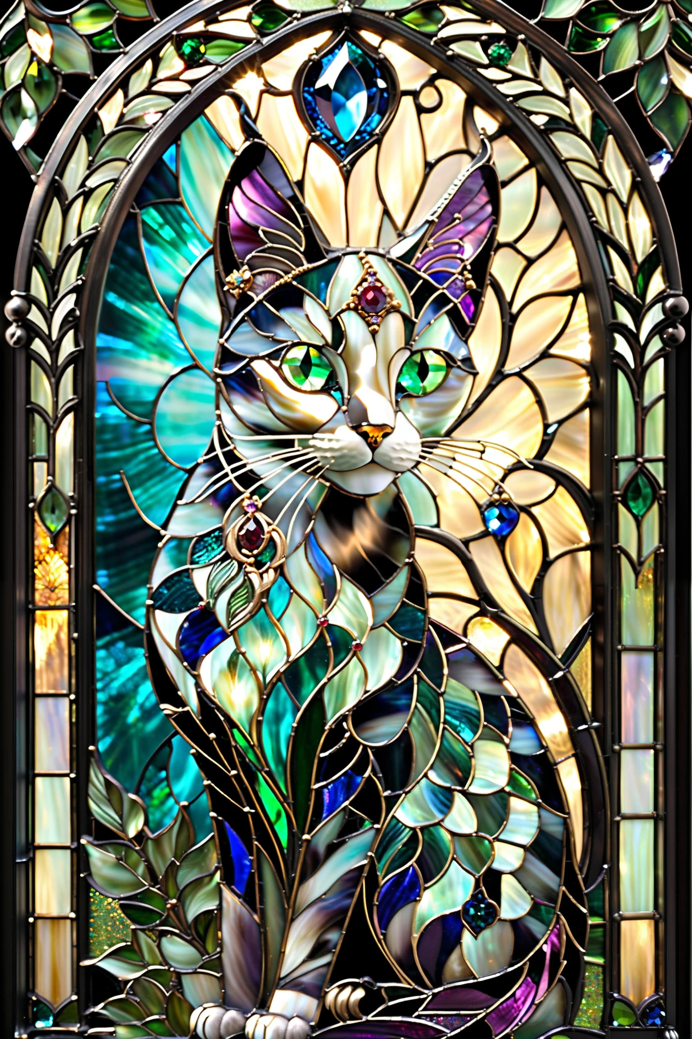 “A breathtaking stained-glass artwork featuring a regal cat as the central subject. The cat sits gracefully, its piercing emerald-green eyes exuding intelligence and mystery. Its fur is depicted in a mesmerizing blend of deep blues, rich purples, and shimmering teals, forming an intricate glass pattern that glows with an ethereal luminescence. The cat wears an ornate jeweled crown adorned with sapphire, emerald, and ruby-like embellishments, reflecting the light in a dazzling display. The background consists of a radiant golden stained-glass mosaic, contrasted by cool blue glass fragments that resemble a celestial night sky. The entire composition is framed within an elaborate Gothic arch, decorated with intricate silver filigree, gemstone inlays, and ornamental flourishes. At the base of the image, delicate green foliage intertwines with the cat’s tail, adding a natural element to the enchanting scene. This artwork embodies the elegance of Art Nouveau and Gothic stained-glass craftsmanship, rich in color, intricate detailing, and a luminous, otherworldly atmosphere.”