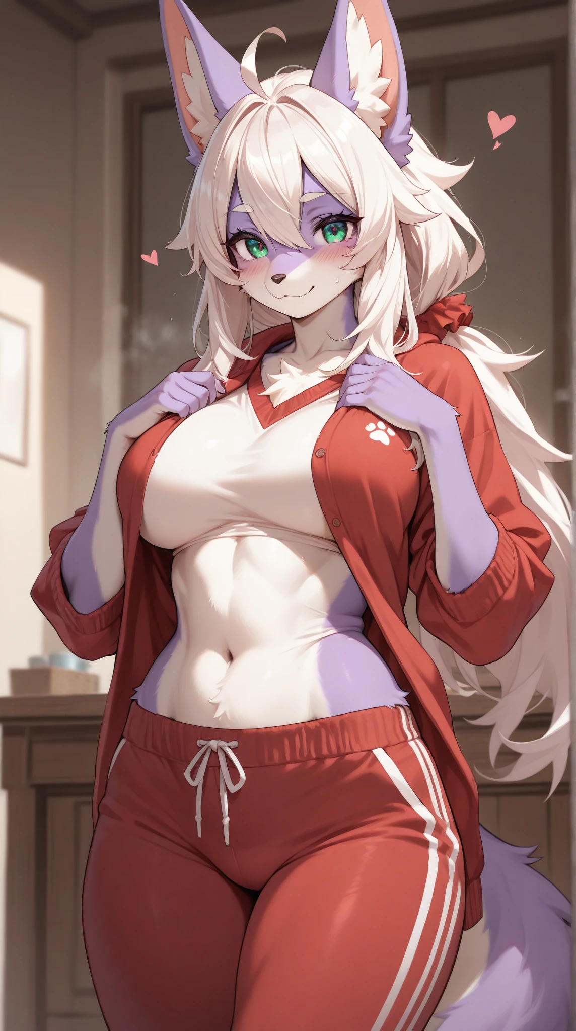 ((masterpiece, best quality)), (anthro furry:1.3, muzzle:1.2, anthro:1.3, furry:1.2, closeup:1.2, female solo:1.2, cleavage, leaning forward, smile, red), no blouse, sweatpants,transparent blouse,back showing butt,cute panties, fox spiraled in funtime foxy colors,five nights at freddy,white skin pink details, pink eyes, sexy position,  ambient place, pizzeria five nights at freddy