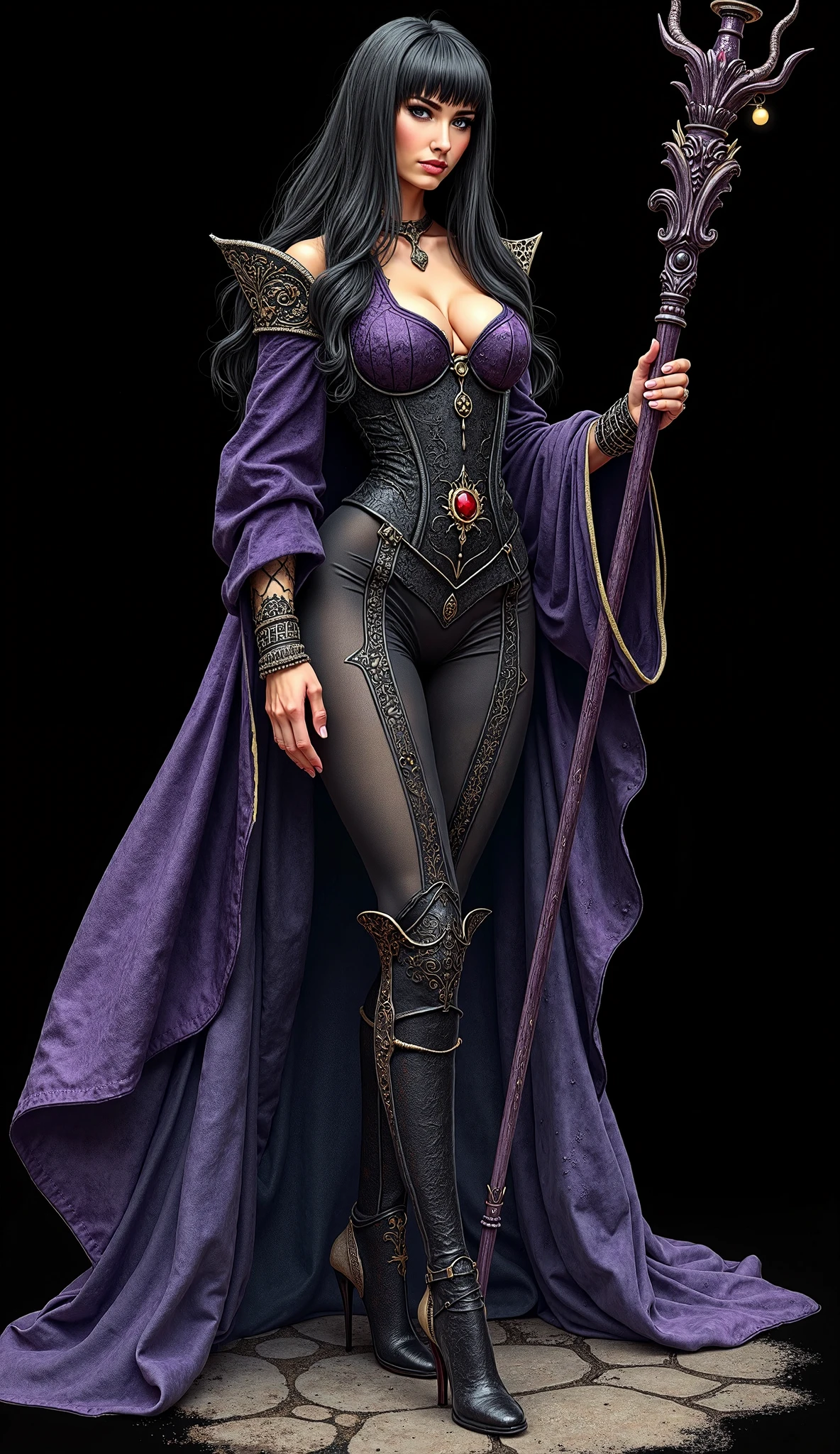 modelshoot style, (extremely detailed CG unity 8k wallpaper), full shot body photo of the most beautiful artwork in the world, beautiful woman, (((vivid purple eyes))), half-elf female wizard, conservatively dressed, modestly dressed, (buttoned up black sleeveless longcoat), (purple sleeves), (tight grey pants), (purple silk scarf), tied back silky shoulder length detailed black hair, (((fully clothed))), (dark gothic makeup), very light brown skin, (enormous breasts), small pointy ears, wide hips, hourglass figure, big booty, beautiful complexion, confident, alluring, gorgeous, Persian, powerful, magical realism, cinematic lighting