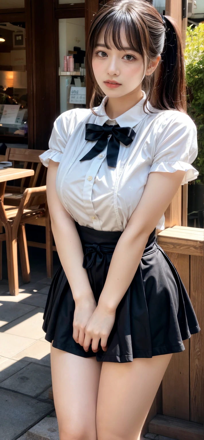 masterpiece, best quality, illustration, Super detailed, fine details, High resolution, 8K,wall paper, perfect dynamic composition,(Details High quality, realistic depiction of eyes:1.3), waitress uniform, restaurant, plump breast, saggy breasts、expresses the roundness and softness of your chest, Don't expose it, short bob hair、black hair color, Big Natural Color Lip, (perfect body shape), crying a little、cold gaze, Harajuku style、20 year old girl、cute type、lolita、beautiful legs, focus on crotch, full body photo, gravure idol