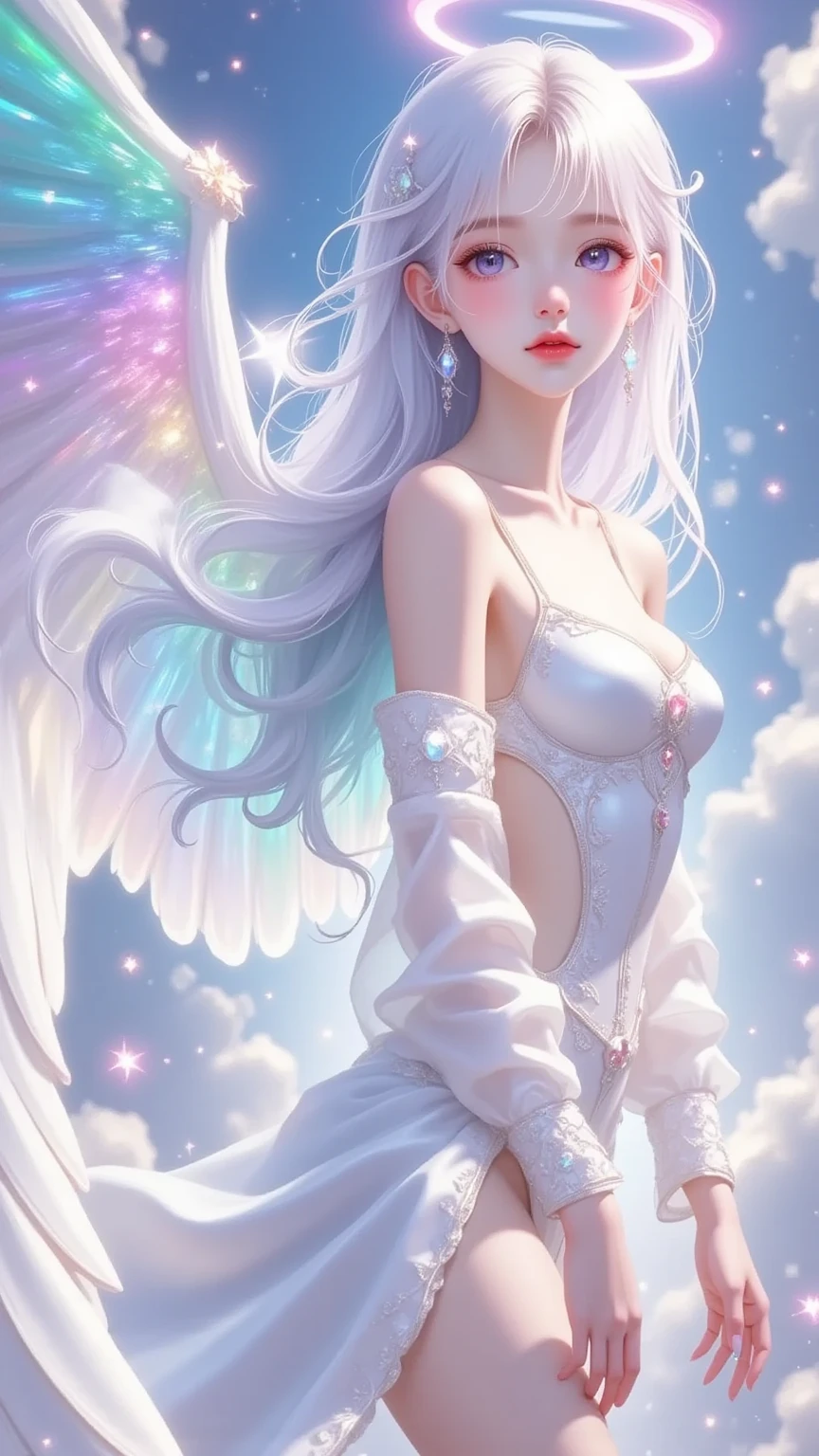 (((NATASHA CIOARA HONKAI IMPACT 3DR))), honkai impact, genshin impact, honkai star rail,(Estilo Aschenhardt:1.4), Obra-prima, Melhor Qualidade, Alta Qualidade,(Criatura disforme clara com brilho de ouro claro e olhos branco e cercada pela luz:1.2), (de perfil), (angelical:1.2), Abstraction, open sky, Fotografia premiada, Profundidade de campo, HDR, Muito detalhado, Trend in art stations, trend in CGSociety, Complexo, Alto detalhe,(Obra-prima:1.2, Melhor Qualidade), (best ilumination, Muito Delicado e Belo), (best ilumination, Muito Delicada e Bonita), (Rosto Detalhado Bonito), (Olhos Detalhados e Rosto Detalhado:1.2), Fantasia clara, (Jovem, Besta, 1girl, Solo, Sorriso angelical, pale skinned, D copo, decote, cabelos grisalhos, Olhos brancos Brilhantes, dinamic angle, anjo), (Correntes no fundo, Get Magic Circle, Obter anjos para ser invocado), Magic thunder (angel of the Magic Circle), pointy_ears, Asas de Anjo, anjo angelical, luz angelical, hands raised upwards, rosto triste mas com sorriso, smile shy, lagrimas no Rosto, Chuva de luz, Nuvens brancas, (Profundidade de Campo), Alto Contraste, (Respingo de glitter pelo corpo: 1.4), Tiro de Cowboy, Corpo Inteiro, Dressed in the morning, doa, Santuario, Epic Stage, white veil, (((vestido branco))), roupas brancas, panos de seda branco, sheets flying, vento leve, cabelos ao vento