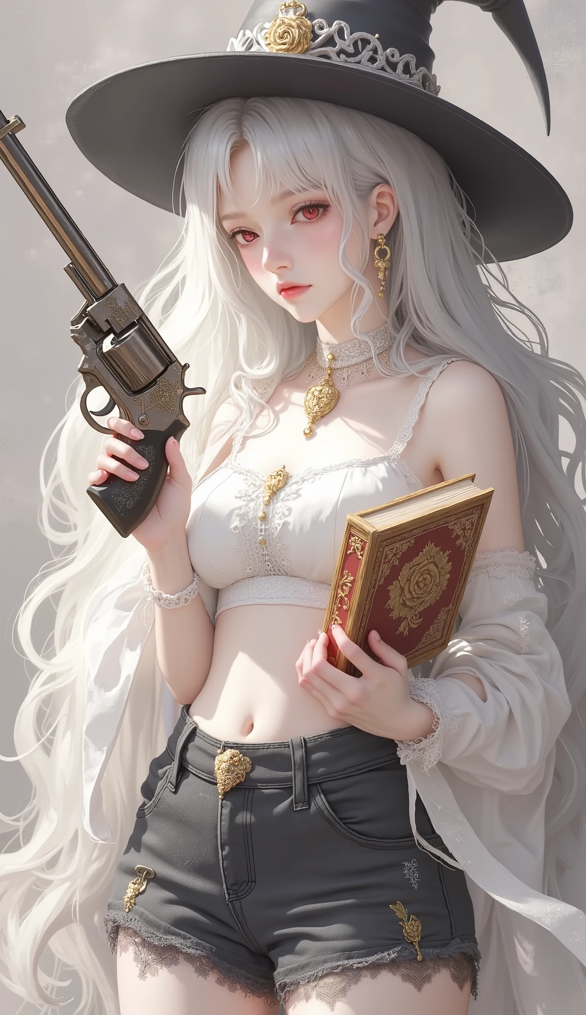 ultra-high resolution,Original Artwork, two-dimensional,Royal sister, showing the whole body , delicate skin,pale,Silver Hair,Red pupil,White lining, black denim shorts,boots,Holding a giant revolver with gold paint engraved on it,Index finger on the trigger ,It's really a gun,The barrel is very long,Get rid of headdresses, witch hat,Profile,Sad and serious ,The full-body figure is standing , detailed mysterious environment ,Soft contrast of light and shadows, Detailed Fabric Texture,Detailed hair textures, detailed weapon and book details, holds a magic book engraved with a golden rose in his left hand