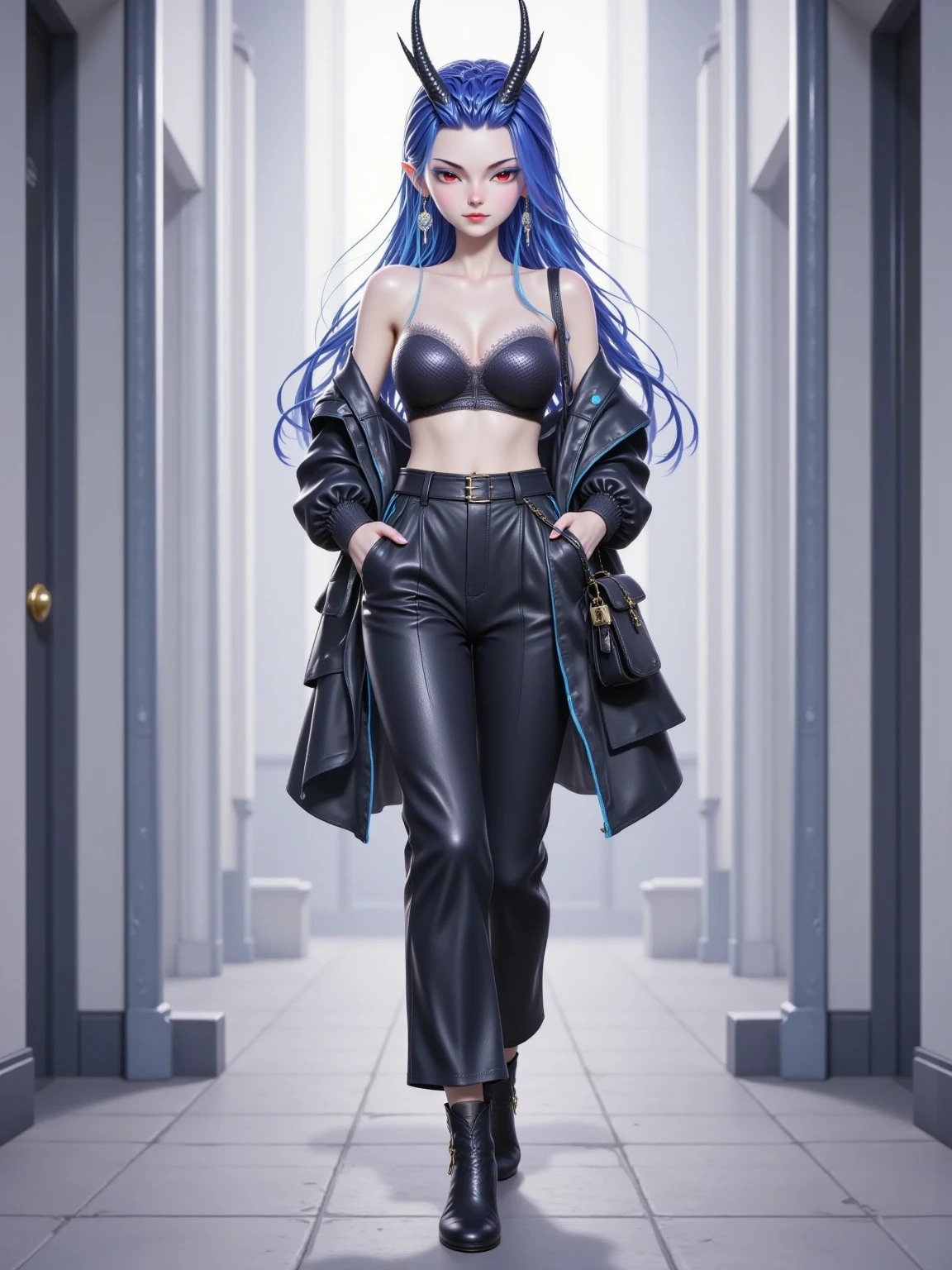 Whole body, distant view, 1girl, solo,long hair,red eyes,horns,skirt,blue hair,1girl,breasts,handbag,solo,bag,jewellery,cleavage,earrings,trousers,jacket,black footwear,large breasts,full body,black pants,hands in pockets,black jacket,looking at viewer,high heels,collarbone,closed mouth,standing,contemporary,high waisted pants,bra,open clothing,lips,open jacket,walking,forehead,indoors,jacket,lingerie,alternative clothing,cover,simple background,gradient background,close up details,outstanding style,add a touch of dimension to your images without compromising on details,close up