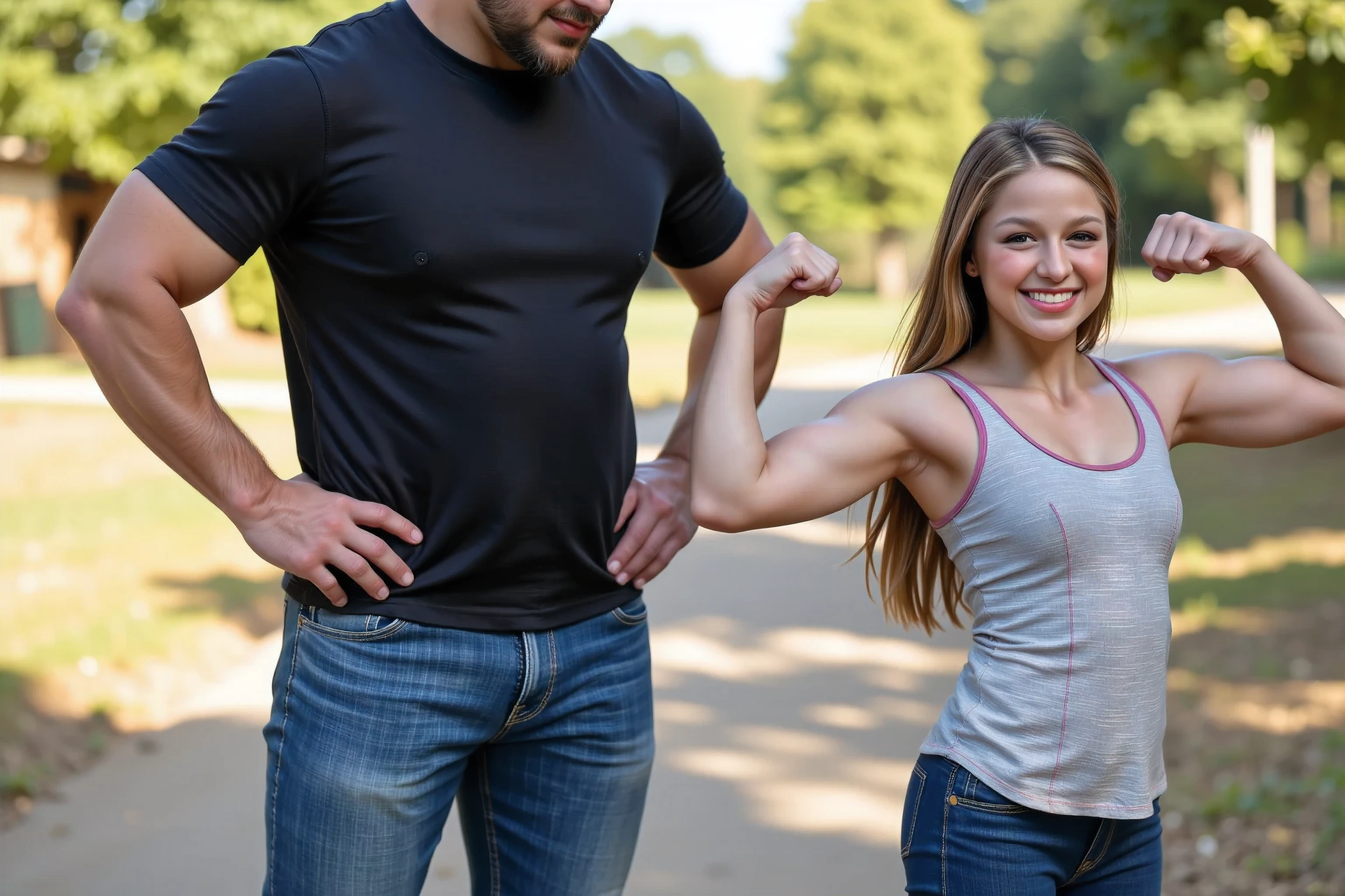 A photograph capturing a ite girl flexing her muscular biceps while a man observes. [The girl has long hair and is dressed in sexy attire, smiling, cleavage, while exuding confidence]. [the man is larger, overweight, 50, beard, wearing jeans and a black shirt, his hands are feeling her bicep]. The setting is outdoors.