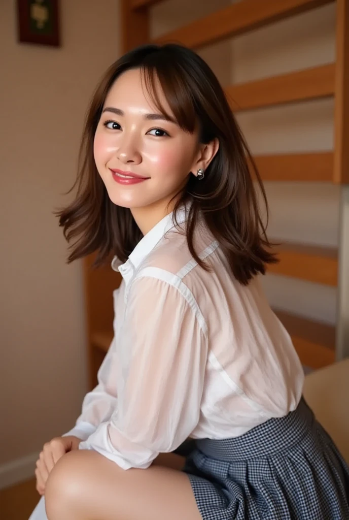 The best part of being a short female idol, Wearing a white sweatshirt, Jubilant look, Standing, Set up a night office, Daytime view of the building from the window, up of face, A detailed face, Detailed hand,