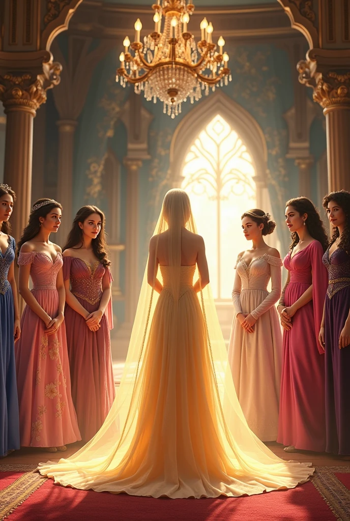 A portrait of a queen surrounded with maiden's in the palace gardem