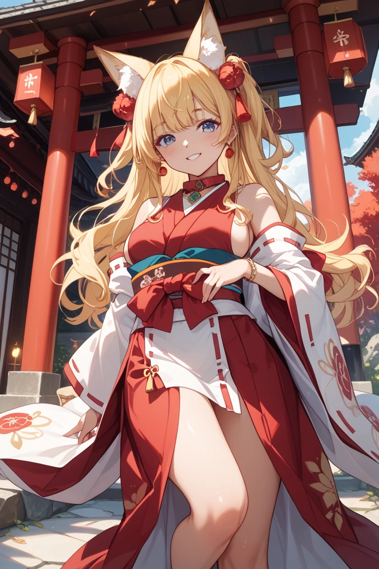 Highest quality、Small breasts、Lori、Red kimono、choker、Fox ears、Long blonde、shrine、Grinning