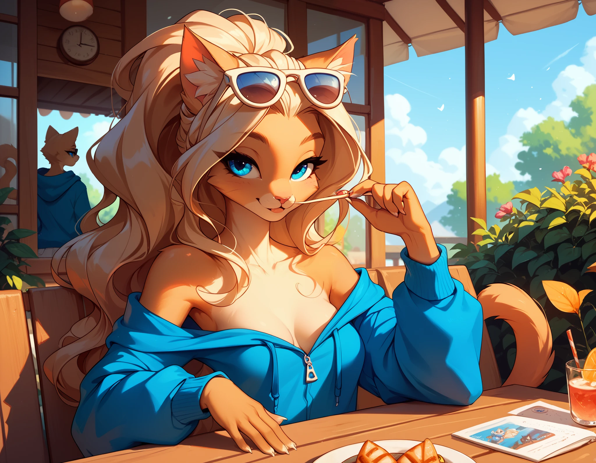 cute anthro cat girl with long blond hair and blue eyes, medium breasts, skinny, wearing sunglasses, bedroom eyes, blue hoodie off shoulders, at an outdoor cafe, very detailed, rating:safe, sfw, safe for work