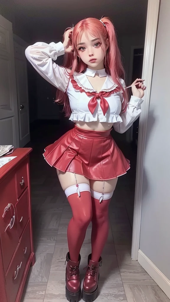 Masterpiece, top quality, highly detailed, Beautiful mature girl wearing black frame glasses, long pink hair ponytail with bangs,Black uniform with red trim, red tie and thigh-high black stockings