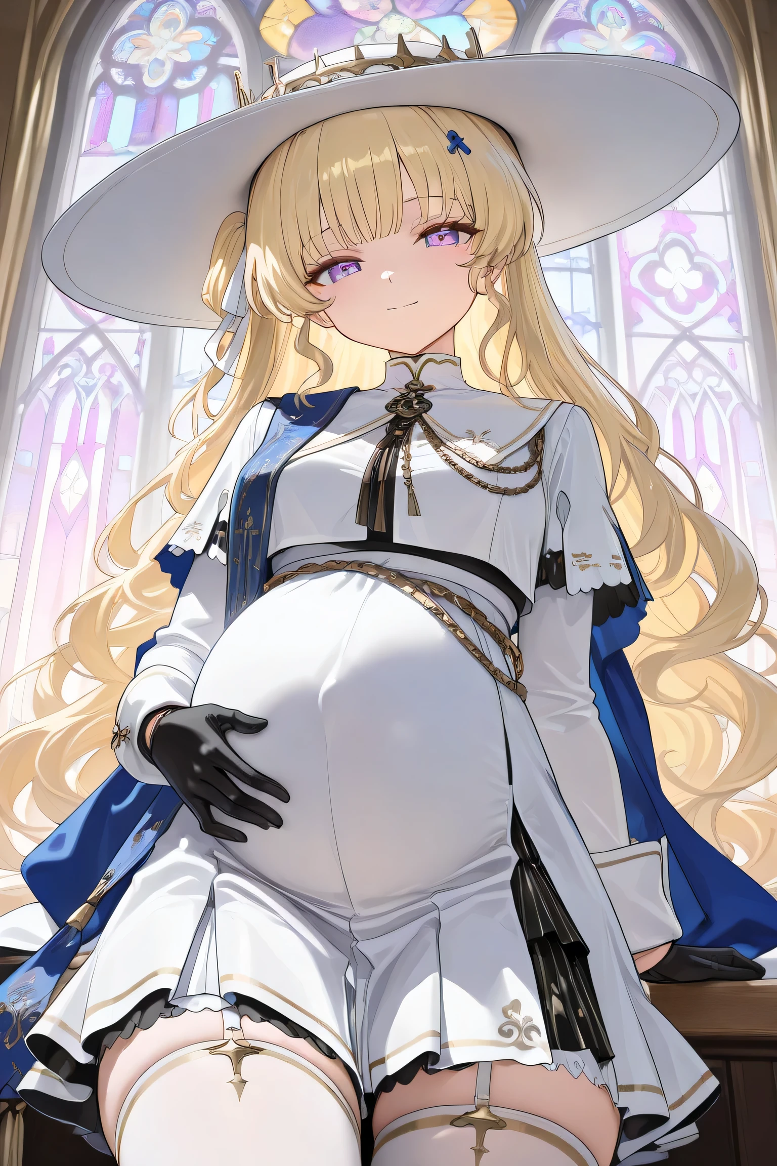 (Best quality, 4k, 8k, high resolution, masterpiece:1.2), ultra detailed, intricate details, SOLO, beautiful girl, alone, long wavy blonde hair, bangs, one side of her hair adorned with a white ribbon with gold stripes, lavender eyes, small-medium breasts, perfect smooth skin, looking at viewer, slight smile, head tilted, white long-sleeve shirt underneath, white crop top, short wavy white skirt with a layered black inner skirt featuring a stair-like pattern, slight rips revealing the inner layer. Black gloves, white thigh-high stockings that reach above her waist, and a white hat adorned with a bluish-purple crown-like accessory. A flowing blue sash extends from her shoulder, connecting seamlessly to a cape and trailing down to the hem of her skirt, She sits gracefully on a wooden church pew inside a grand white church with blue and gold accents, tall stained glass windows, intricate golden chandeliers, ethereal lighting filtering through the windows, white hat adorned with a crown-like accessory in a bluish-purple hue, (Pregnant:1.0)