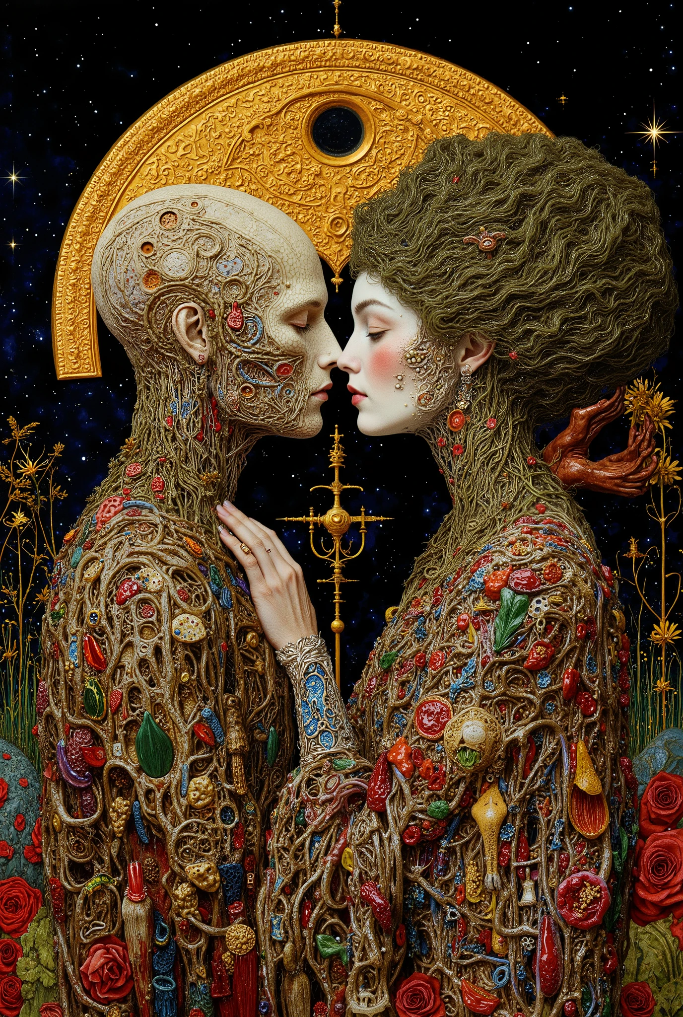 ((kissing couple,beautiful 1 male,beautiful 1 female,androgynous:1.5)),romance,body horror, portrait ,close up,third eye,biomachine,(bloody),moon, living being,plants, (vivid color),(colorful),(tangled:1.2),(wearing robe:1.2), H.R Giger style,Gustav Klimt Style,Yoshitaka Amano style,
Granulated,blood vessels,gorgeous,red liquid,green,red,gold,ritual,Abundance,starry sky,shooting star,
16k,detailed image, by gustavklimt,made of blood and gore,biomechanical style,b3rs3rk
