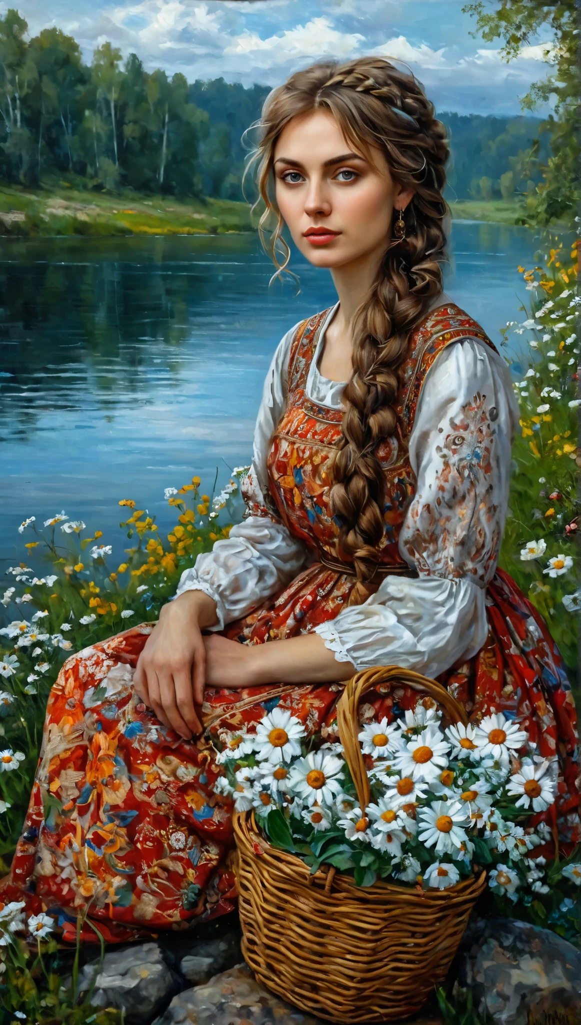 , painting of a woman , sitting on a rock by the river, (( large detailed eyes )), Beautiful Virgin, inspired by Konstantin Vasiliev, by the Slavic folk tale , a beautiful painting , Slavic style, Andrei Ryabushkina, Painting of a beautiful , beautiful intricate oil painting , beautiful painting , holding , Detailed 4k oil painting , intricate beautiful painting , detailed picture 4k