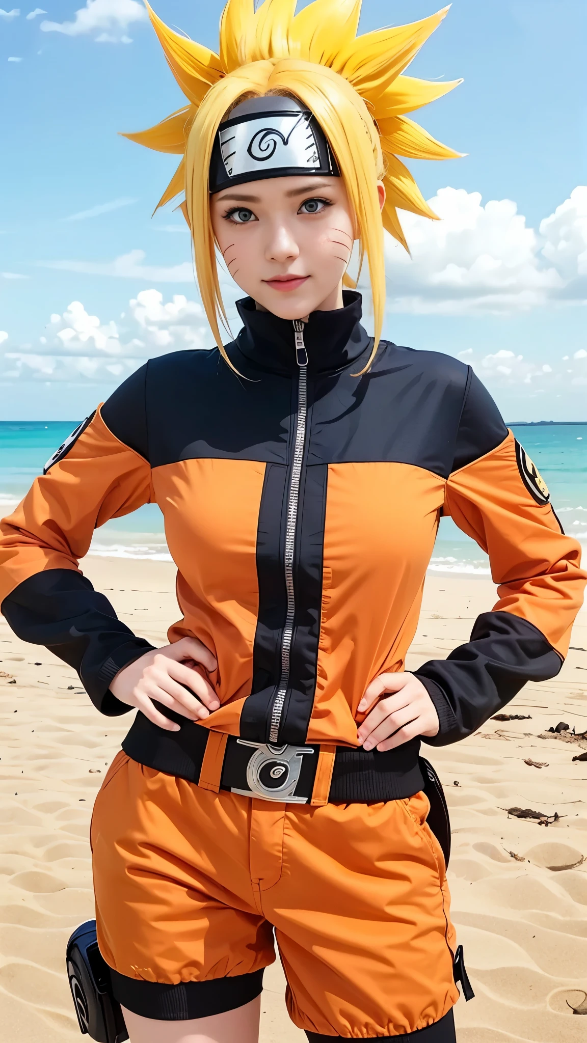 large breasts, Naruto uzumaki cosplay, beach background, waves, sand, realistic. 