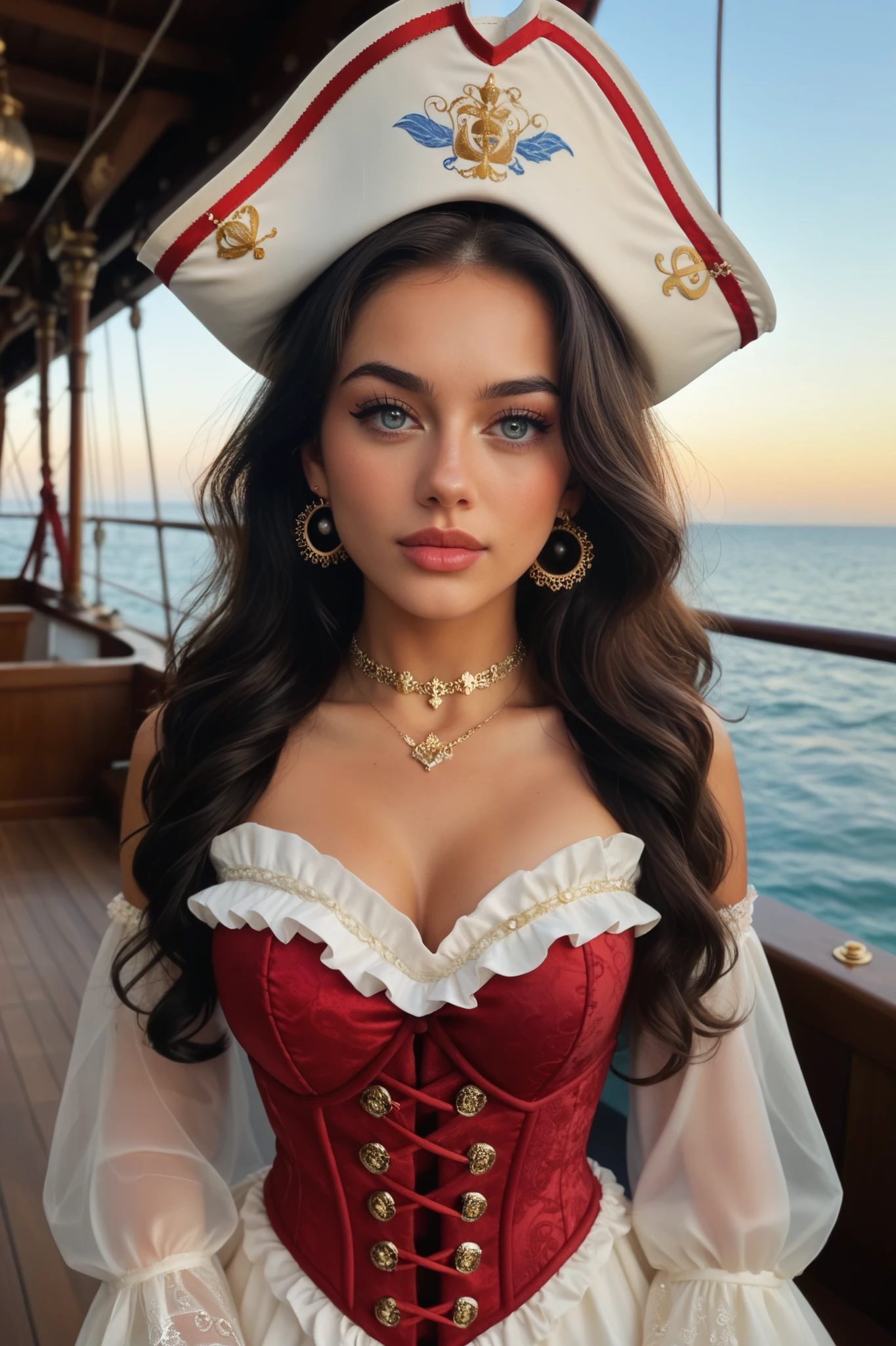  18 year old fashion model [[[[close cleavage]]]], [[[[Big breasts]]]], [[[[Call]]]], [[[[shoulder]]]], perfect eyes, perfect iris，perfect lips，perfect teeth，perfect skin，Have fair skin.，HDR，leather girl，(((Beautiful and glamorous pirate girl)))，(delicate face)，(High definition face)，delicate face，(((red pirate costume)))，(((Red pirate tricorn hat)))，(Increase sexiness)，Long legs，(full body photo），(at the pirate ship)，Pirate flag，4K Ultra HD, Ultra high resolution, (realistic: 1.4), best quality，Masterpiece，（pastel colors：1.2）