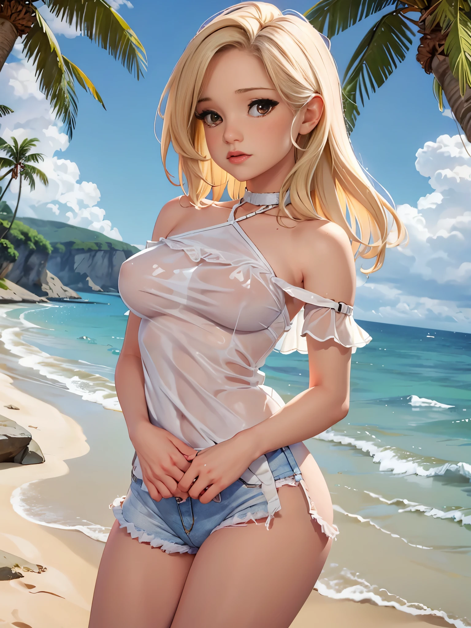 1girl,highres, high quality, masterpiece, bare shoulder, brown eyes, clingy wet white dress, synthetic white see-through transparent dress, perky breasts, choker, beach, julia garner, jean shorts