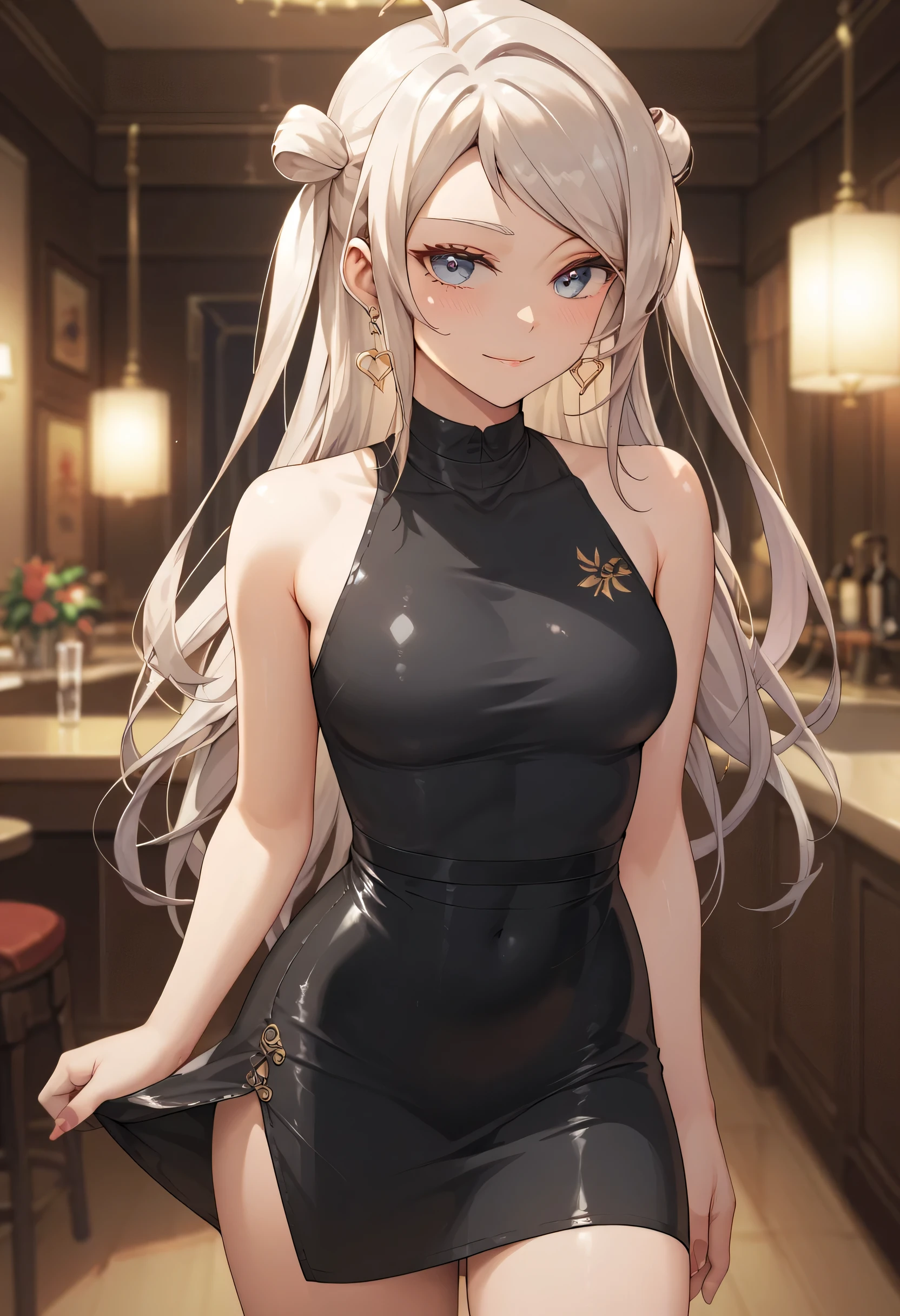 An image of Lanzhu Zhong wearing a tight short black dress in a hotel room posing erotically standing ready to make love.